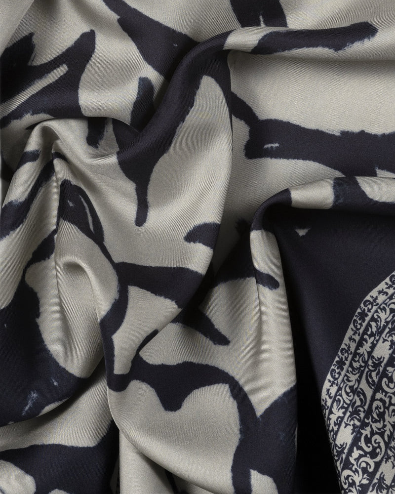 sjaal, bloemmotief, navyblauw, wit, rand