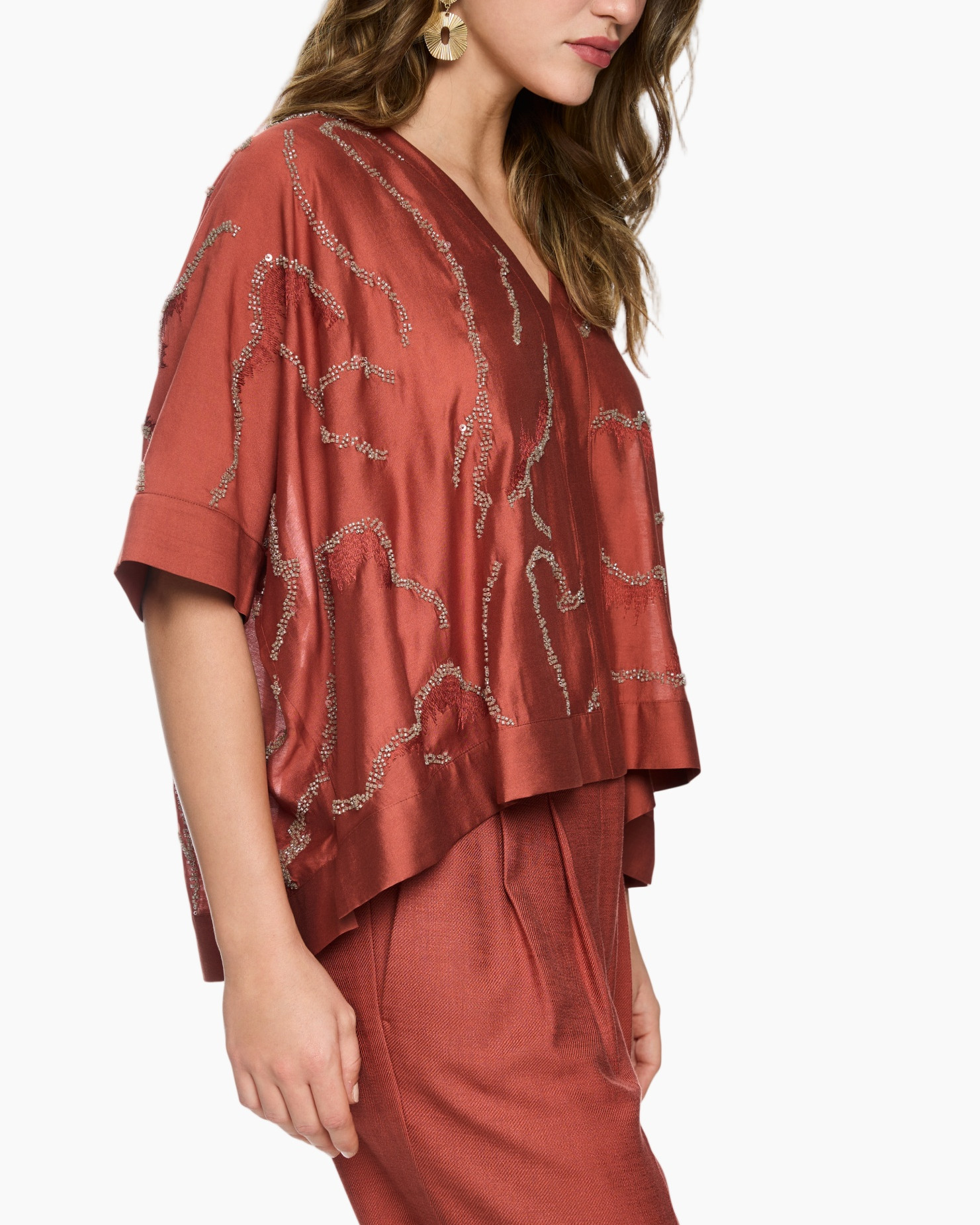 top, blouse, versierde, bruin, zachtglans