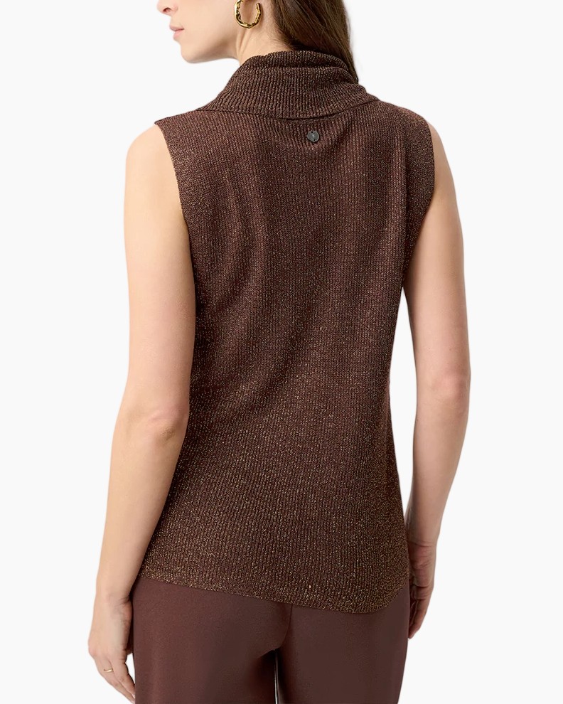 topje, bruin, textured brei, mouwloos, cowl hals