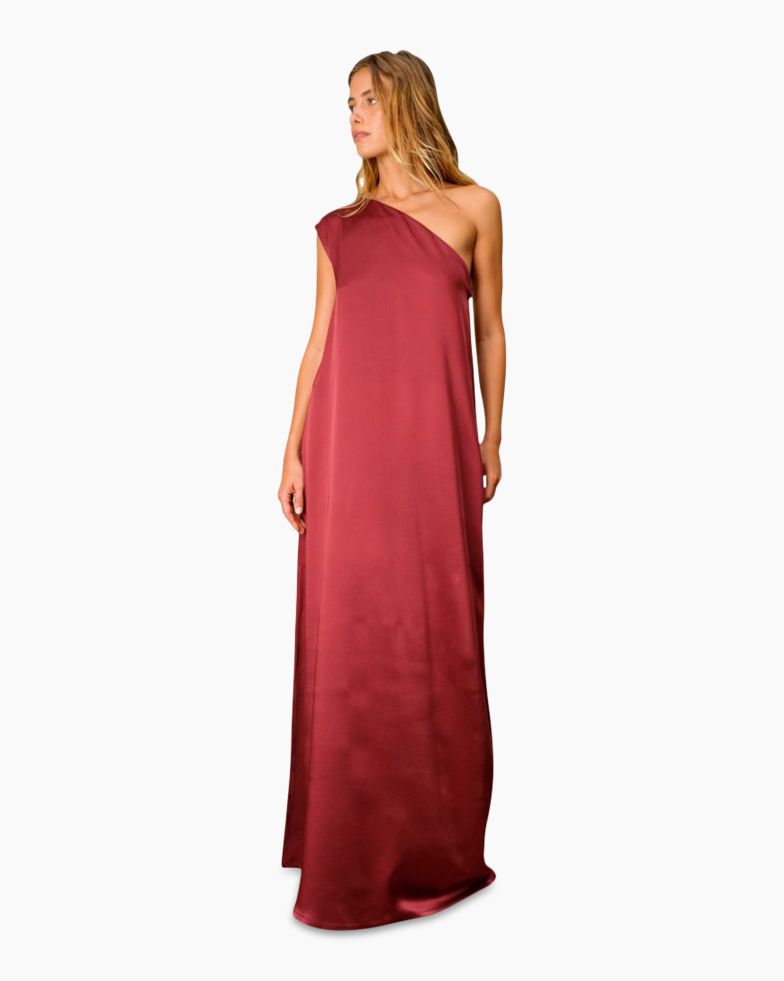 one-shoulder, silk, dress, gown, red