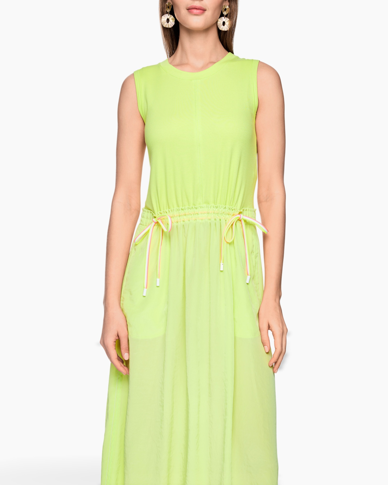 sleeveless dress, neon green, drawstring waist, maxi length, linen look