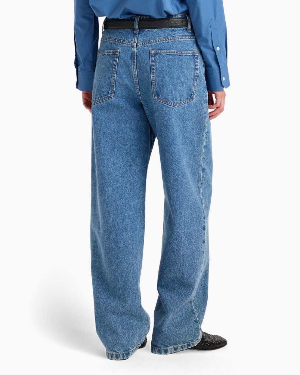 spijkerbroek, denim, wijdere pijp, achterzakken, blauw