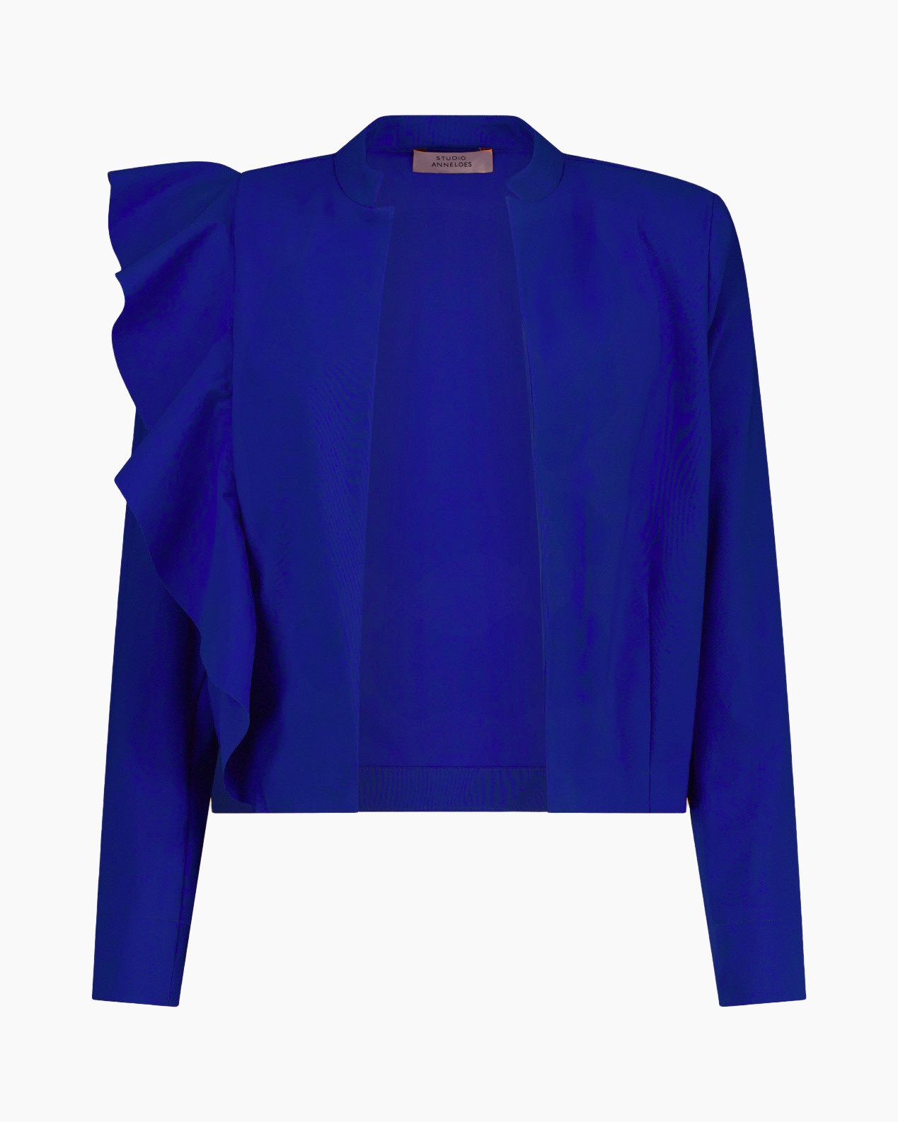 blazer, blue, single-breasted, ruffle detail, long sleeve