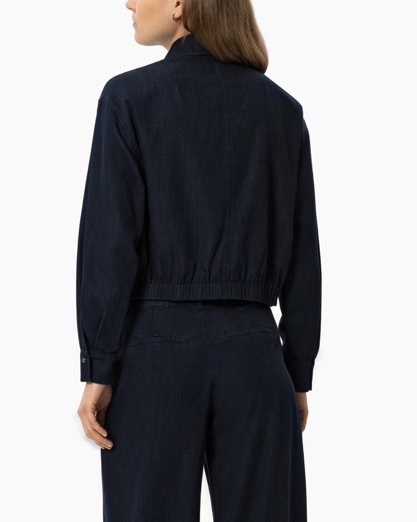 denim, jacket, achterkant, donkerblauw, elastische taille