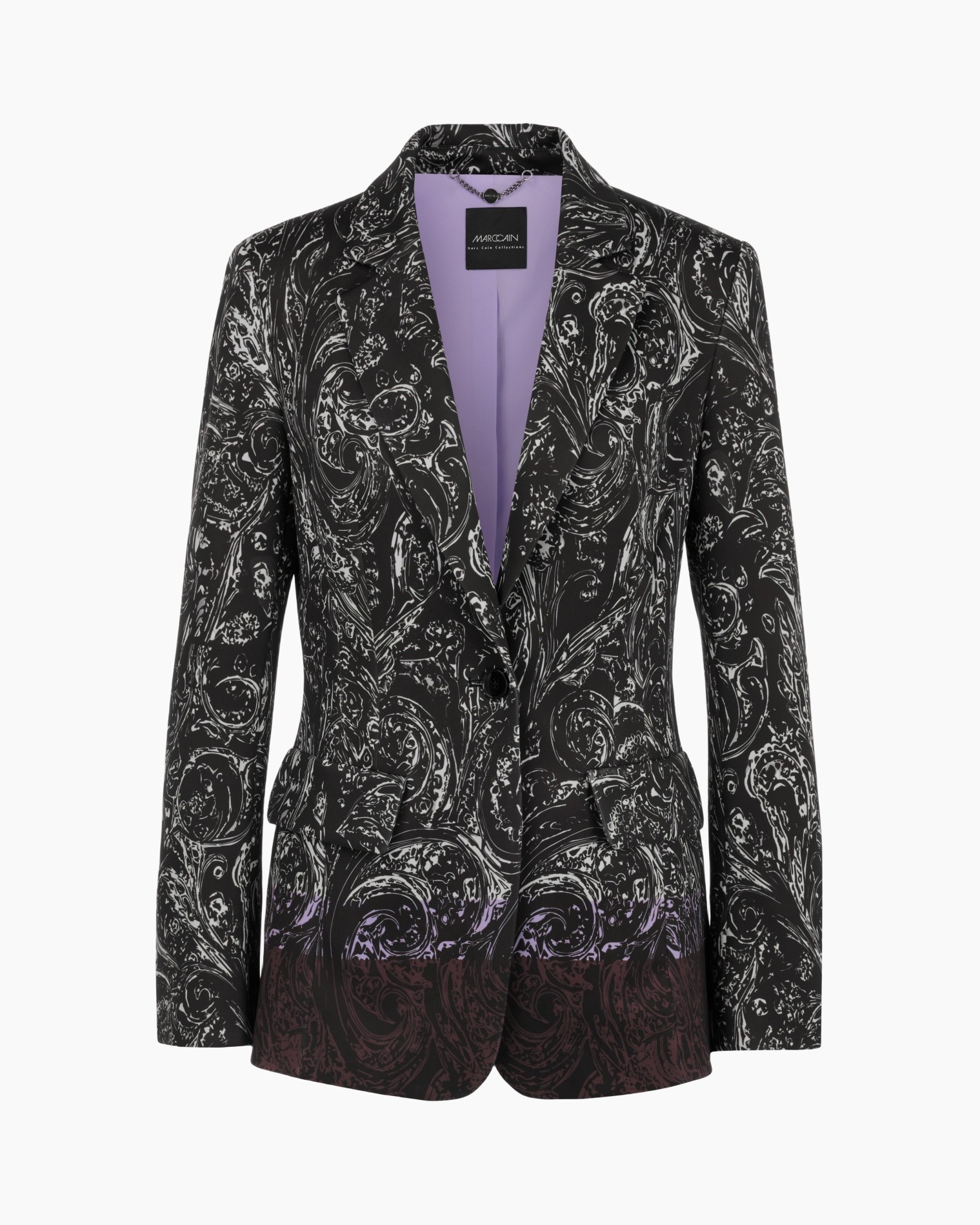 blazer, jasjak, paisley patroon, zwart, paarse voering