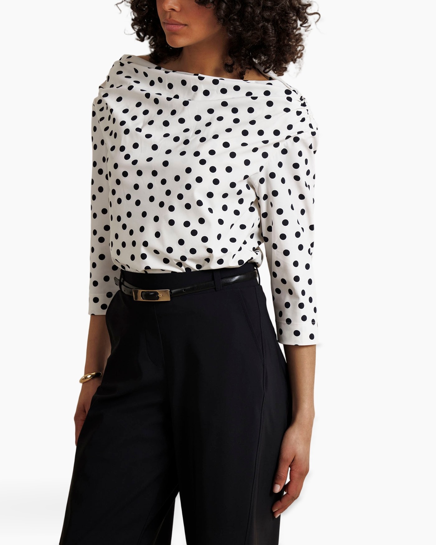 polka dot, blouse, driekwart mouw, wit zwart, top