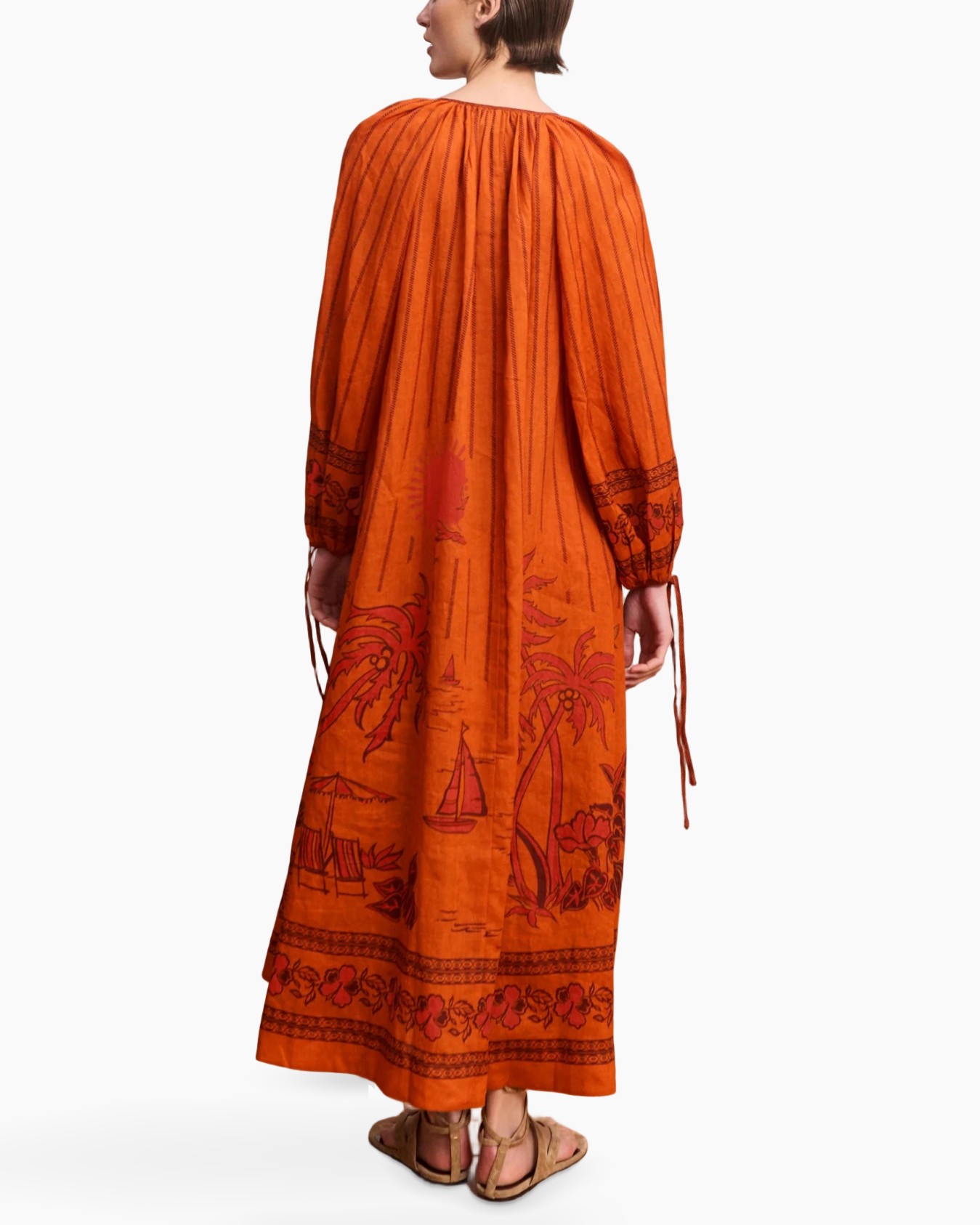 boheme jurk, oranje jurk, lange jurk, knoopsluiting halssnoer, print patroon