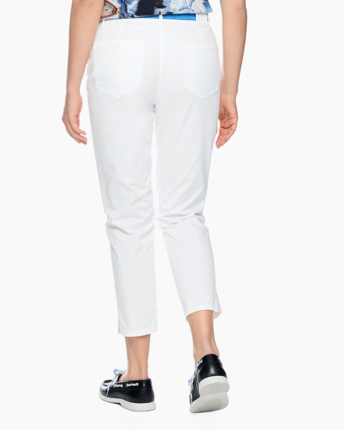 witte broek, enkellengte, katoenmix, slim-fit, zakdetail