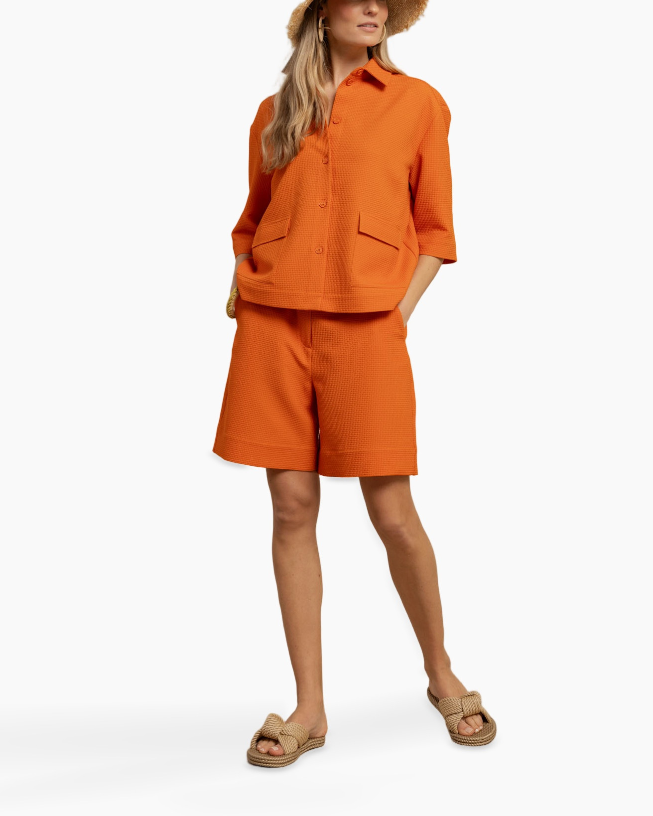 shorts, top, jacket, oranje, linnen-achtig