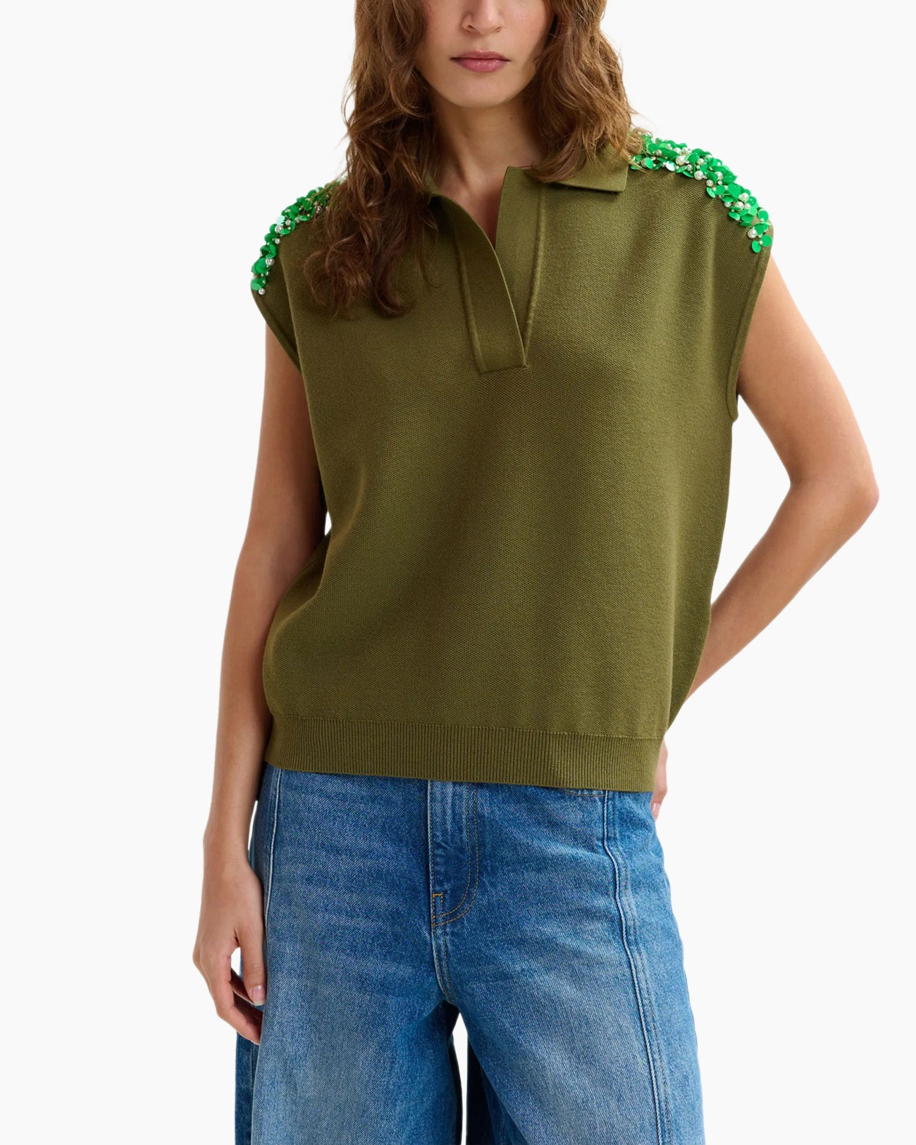 ekstrokz  (note: please ignore), olijfgroene, versierde schouders, gebreide polo, casual blouse
