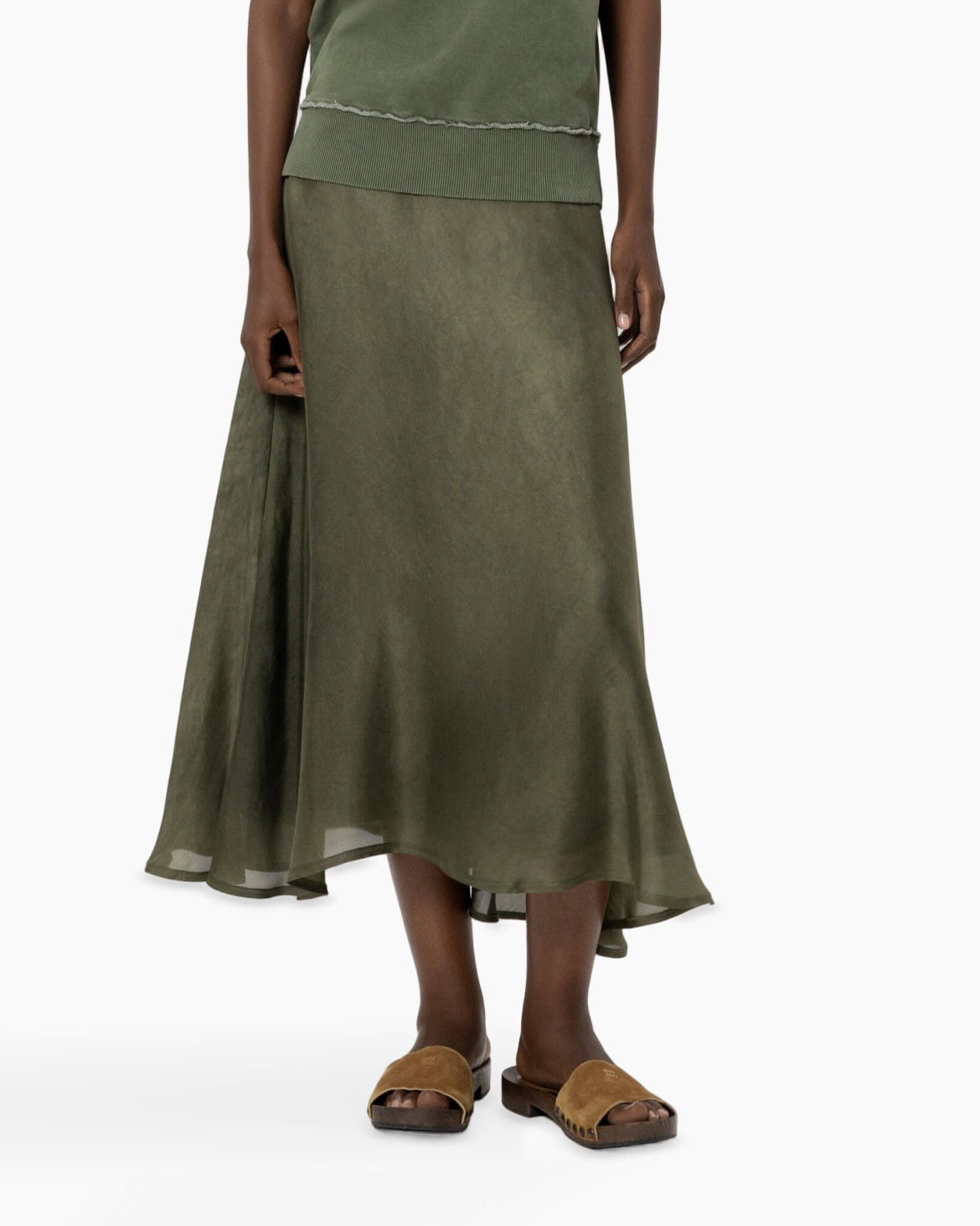 groen, maxi rok, enkellengte, slip-on sandalen, linnenmengsel