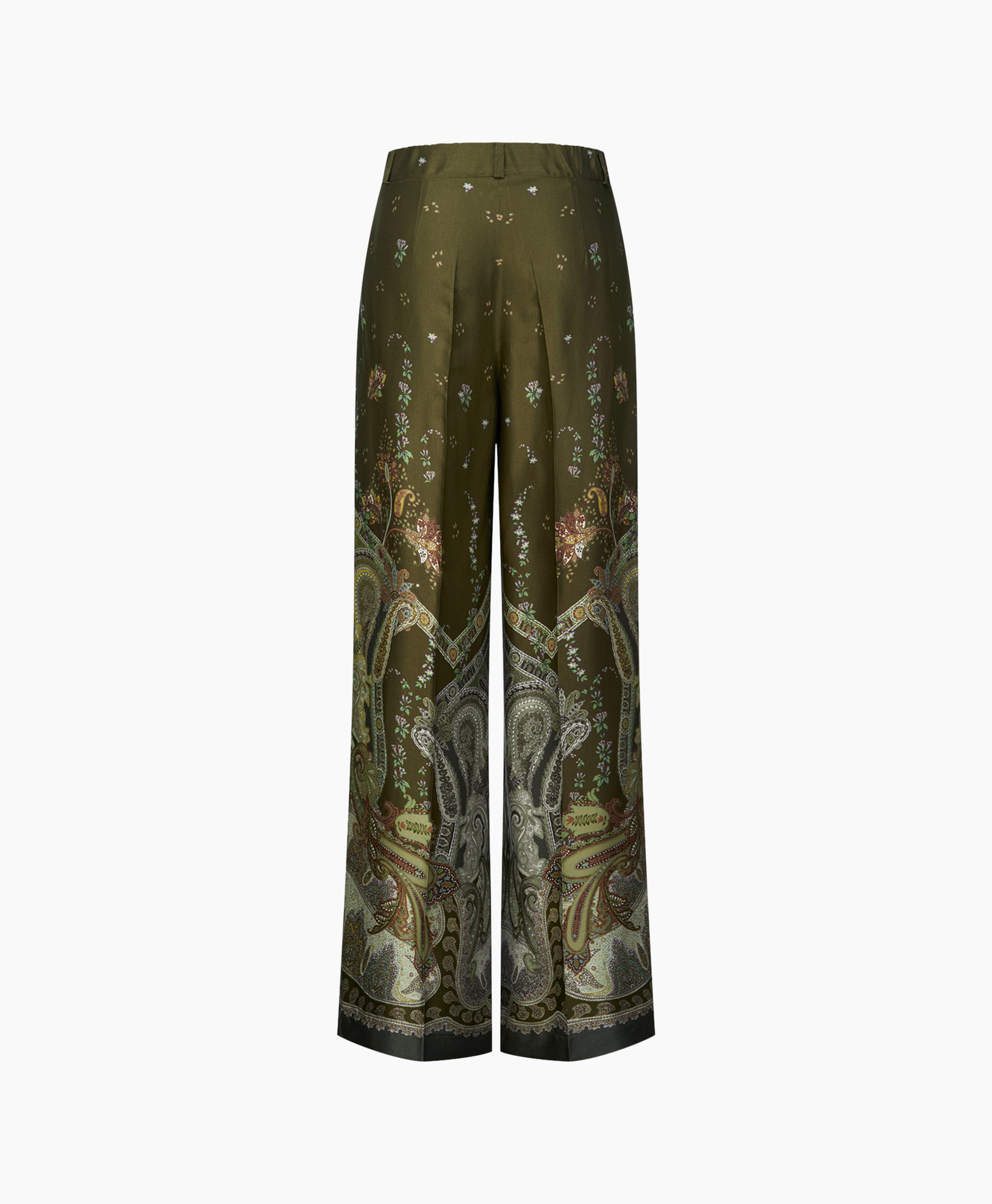 broek met wijde pijpen, palazzo broek, paisley patroon, olijfgroen, decoratief dessin