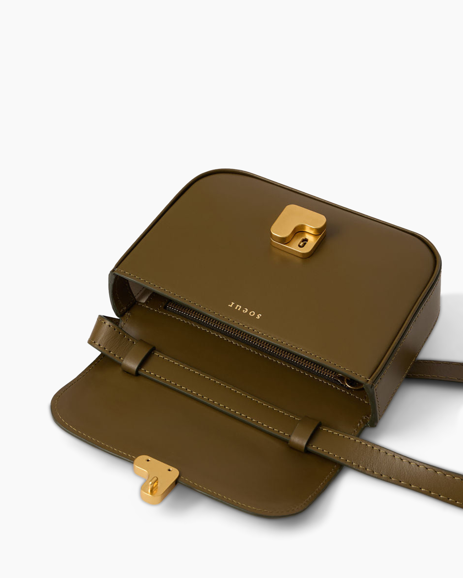 crossbody bag, brown leather, lock closure, gold hardware, compact handbag