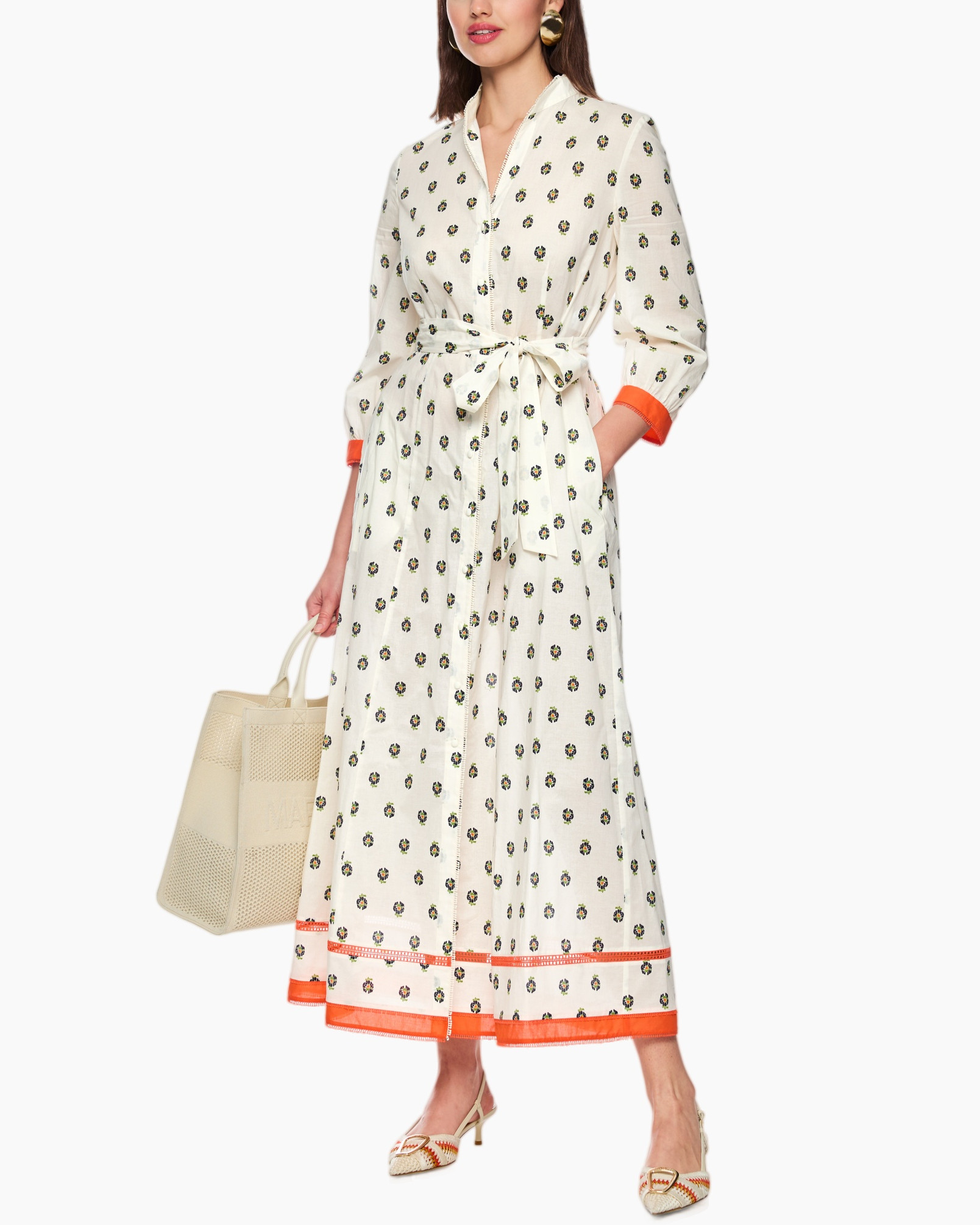 wrap dress, floral print, long dress, white dress, orange trim