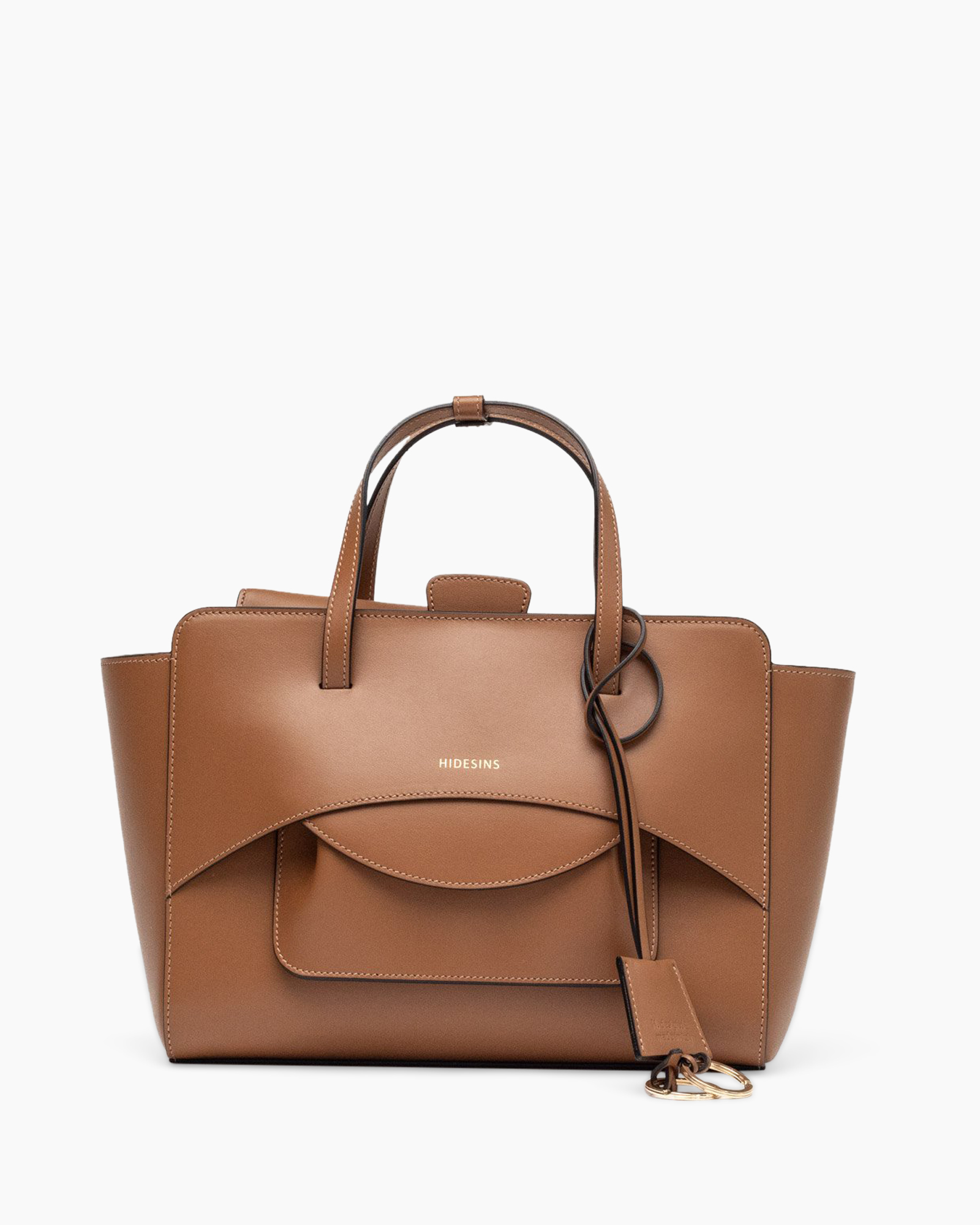 handtas, bruin, leer, tote, gouden logo