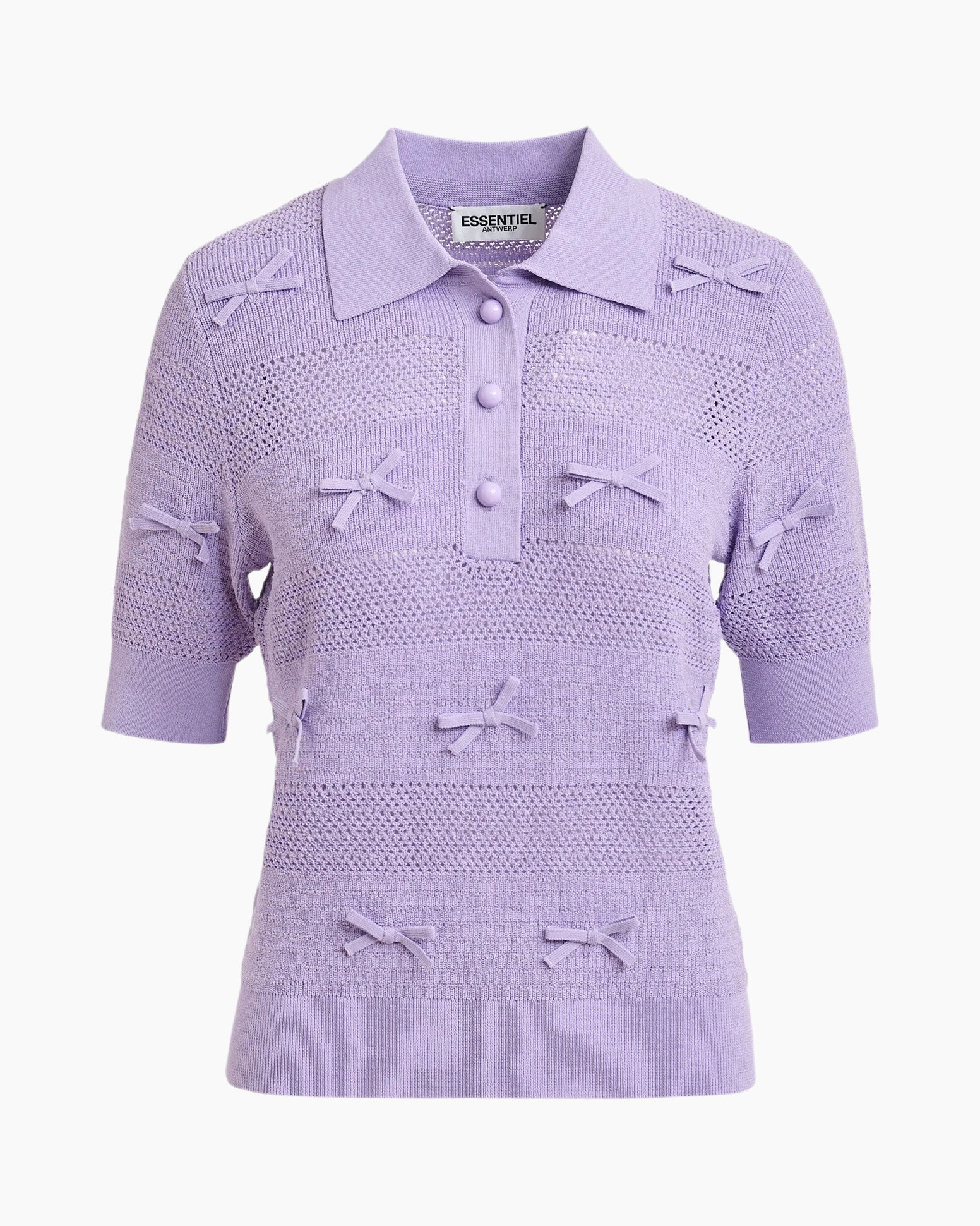 gebreide polo, lila trui, strikjes met strik, korte mouwen, netvormige brei