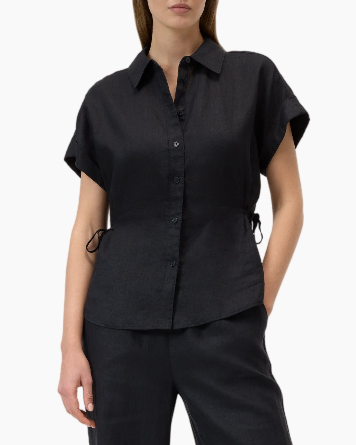 button-down, short-sleeve, linen, black, top