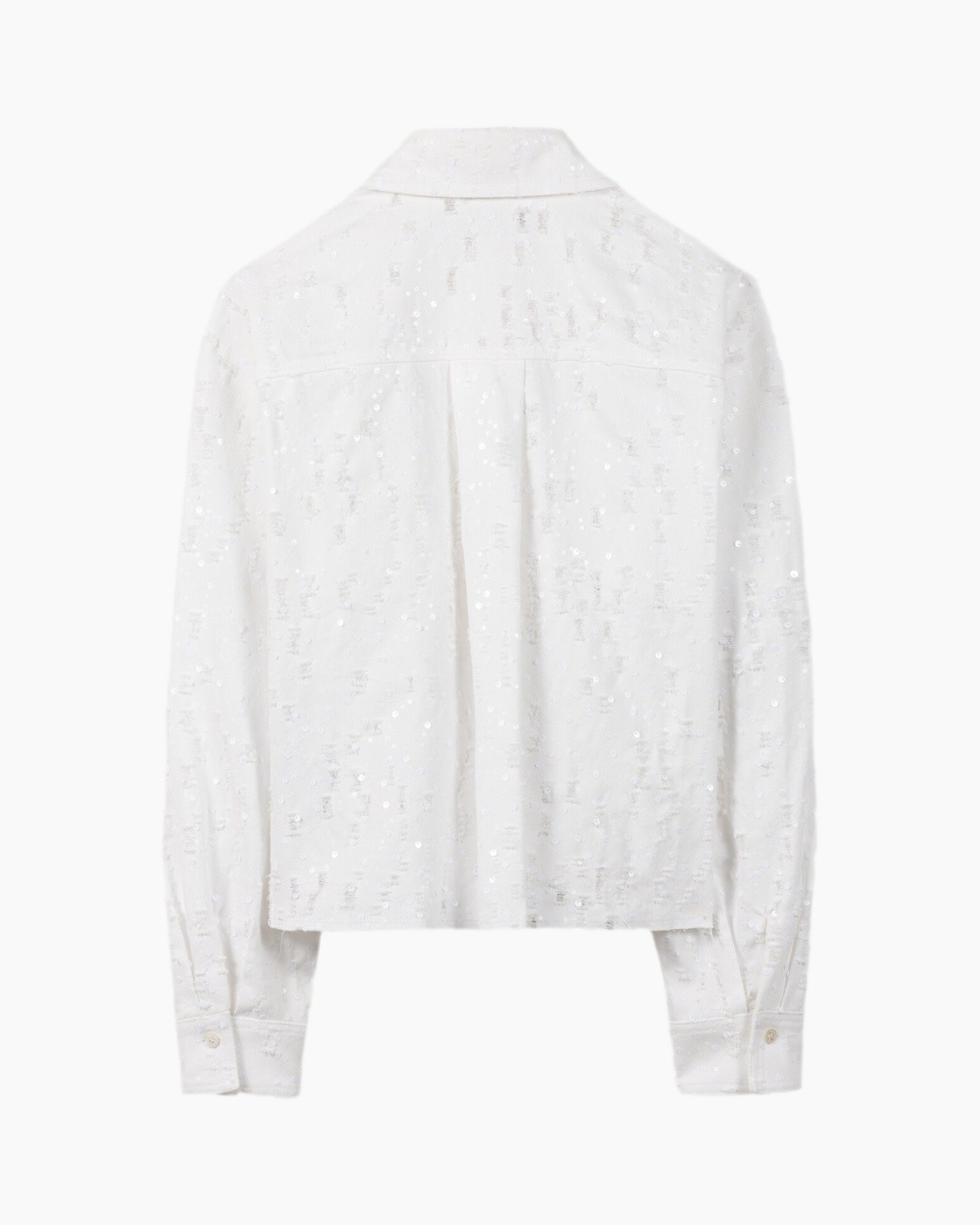 white shirt, sequined fabric, sequins, long sleeve, collared