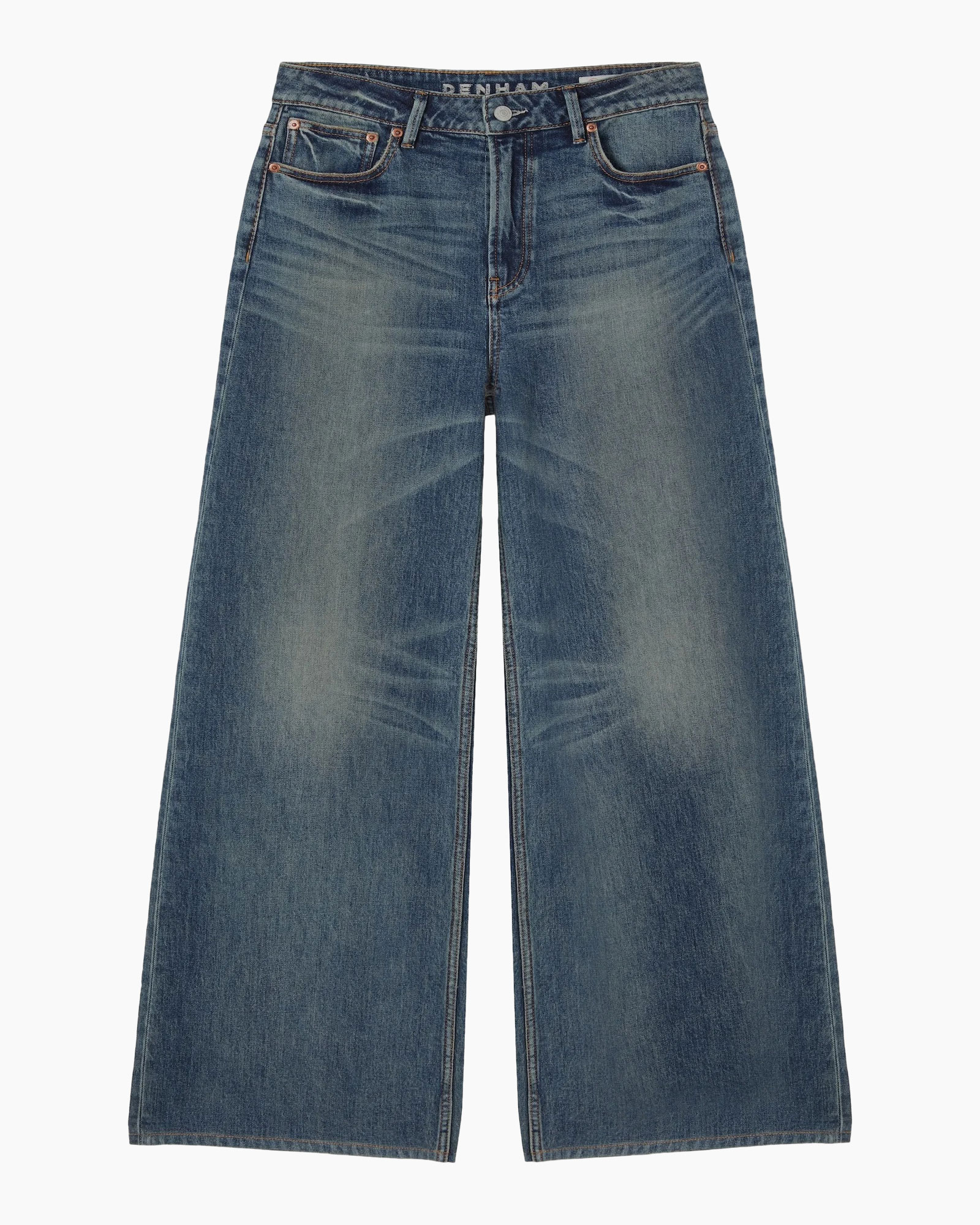 denim, spijker, wijd, versleten, blauw