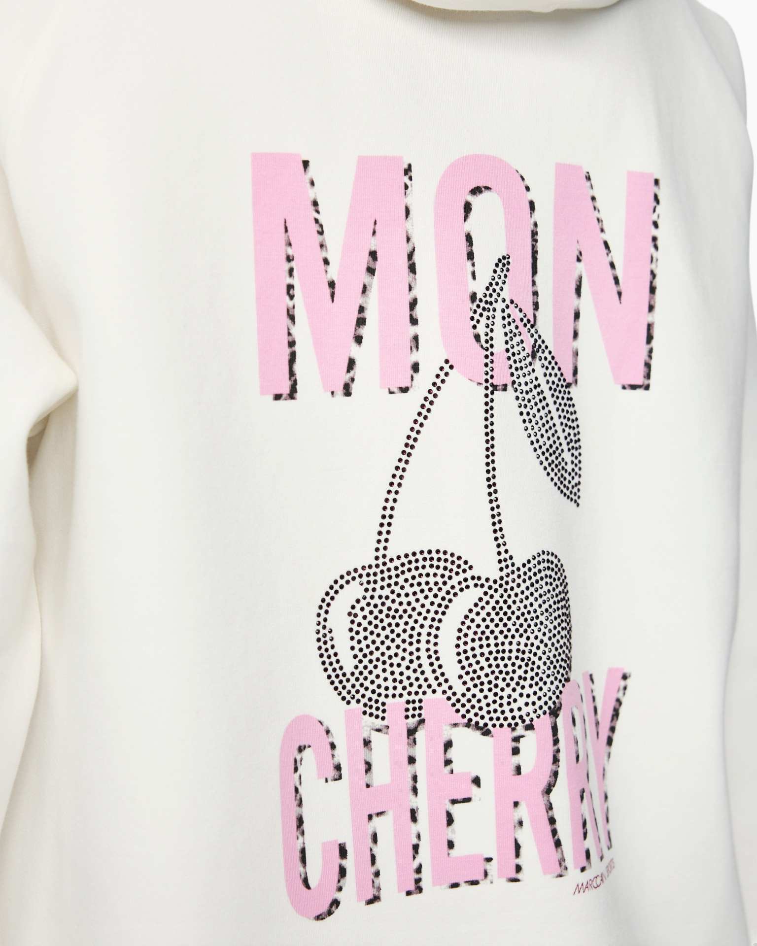 hoodie, grafisch, roze letters, kersen afbeelding, puntpatroon