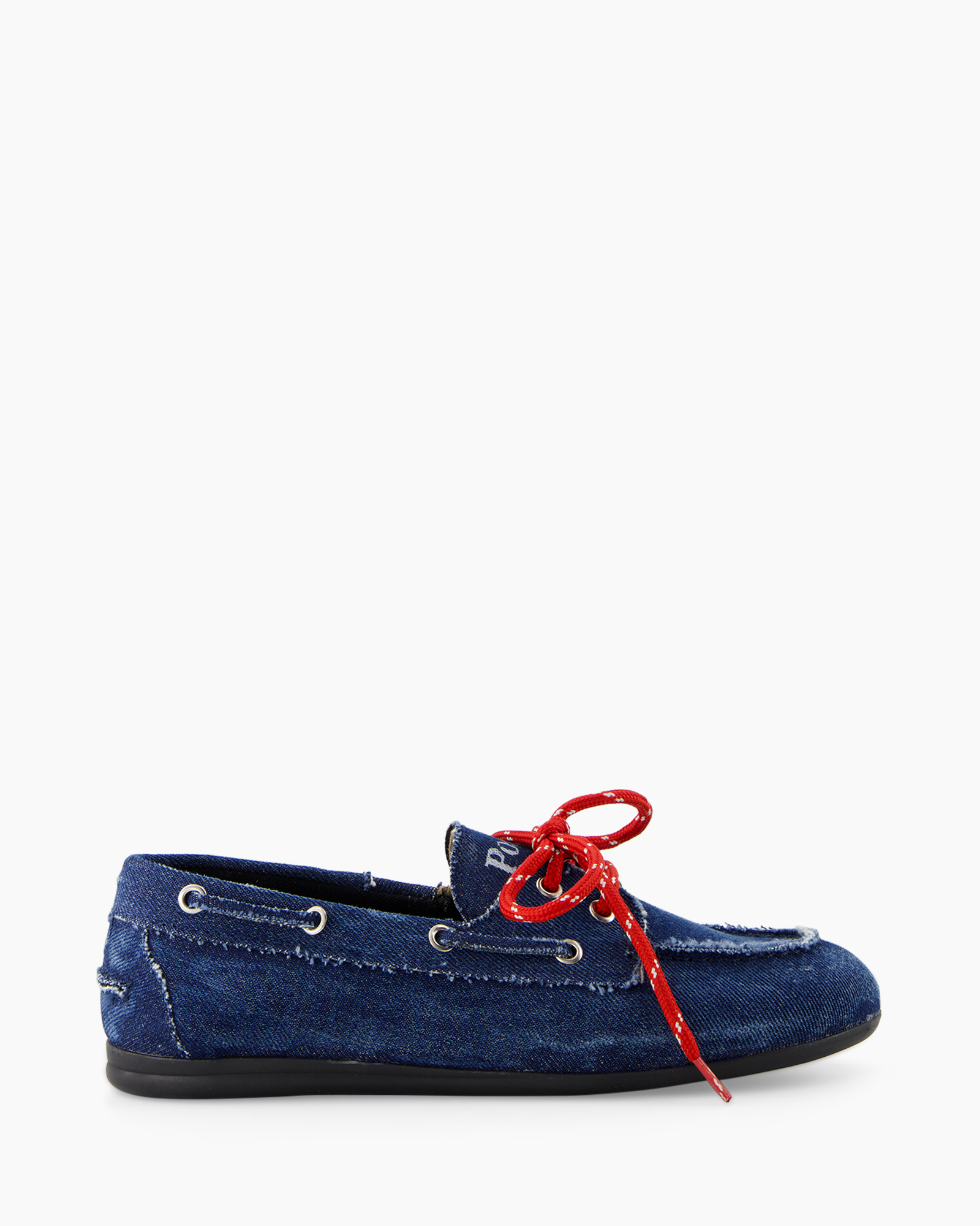 schoen, denim, blauw, stof, rood-veters