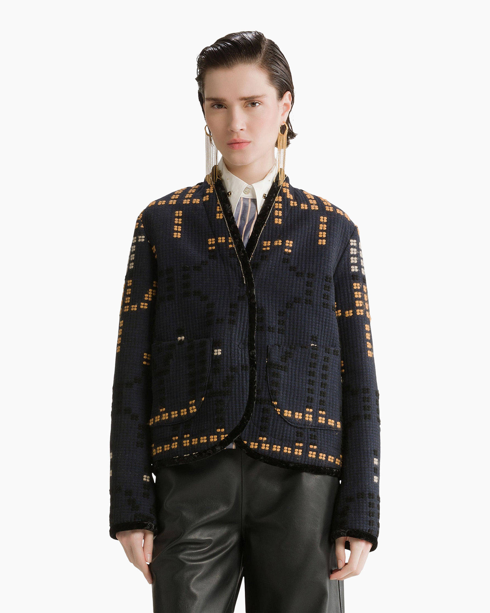 cardigan, breipop, patroon, marineblauw, zakken