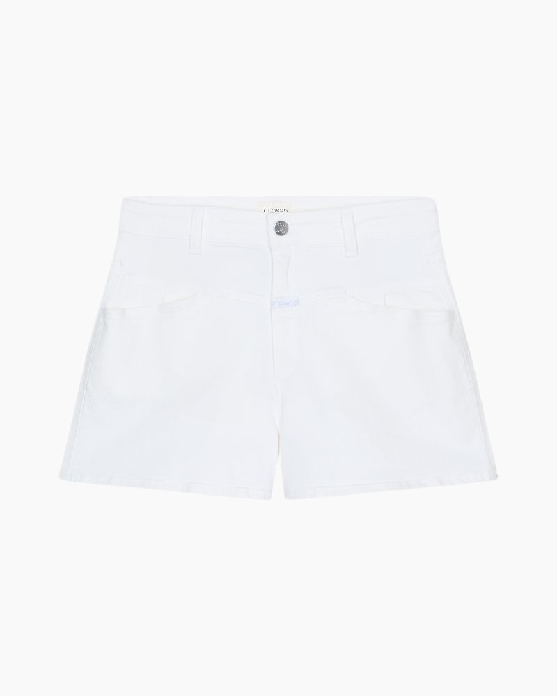 shorts, white, denim, front pockets, button