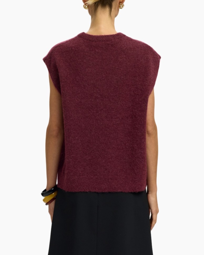 gebreide top, mouwloos, burgunderoog, pullover, zacht oppervlak