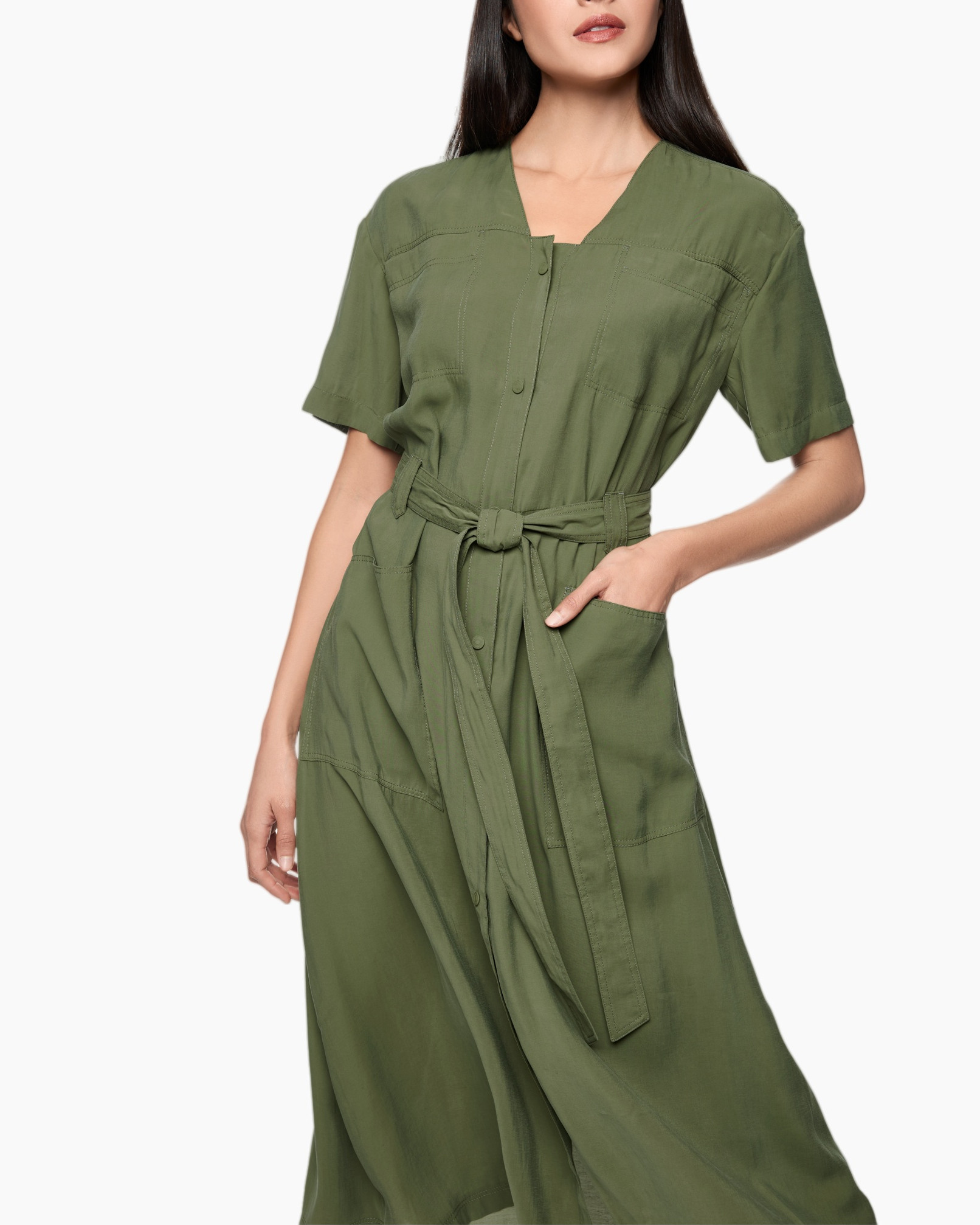 jurk, overall/romper, olijfkleur, korte mouwen, riem/belt