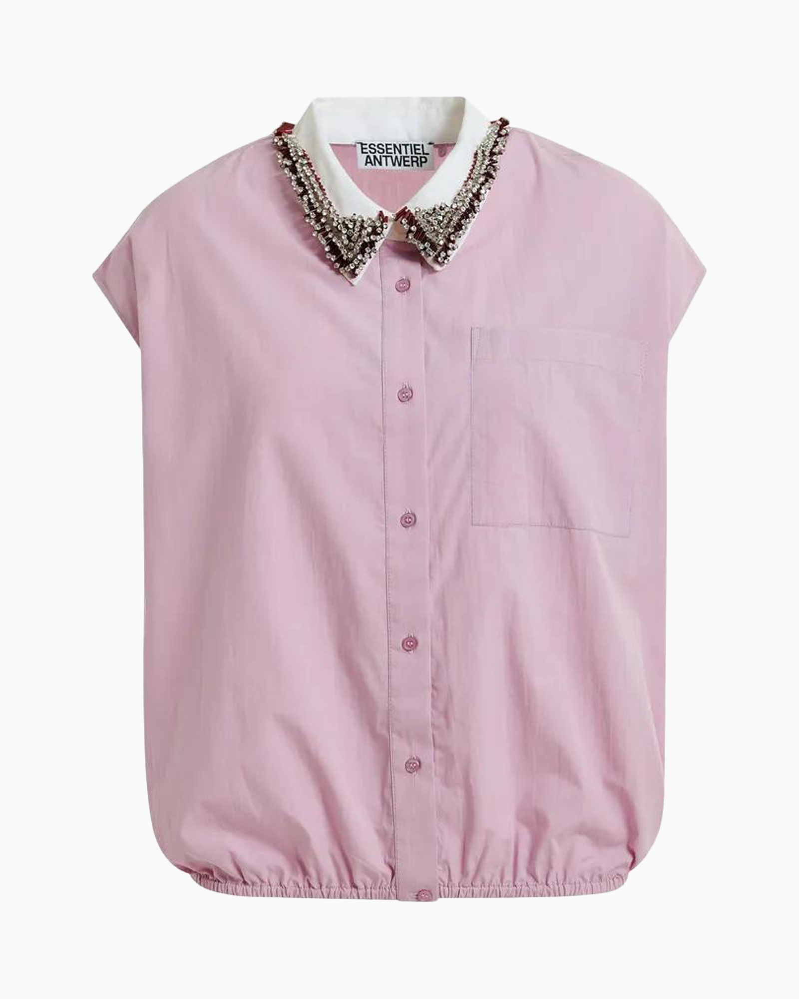 roze shirt, knop sluiting, kraag detail, korte mouw, elastische zoom