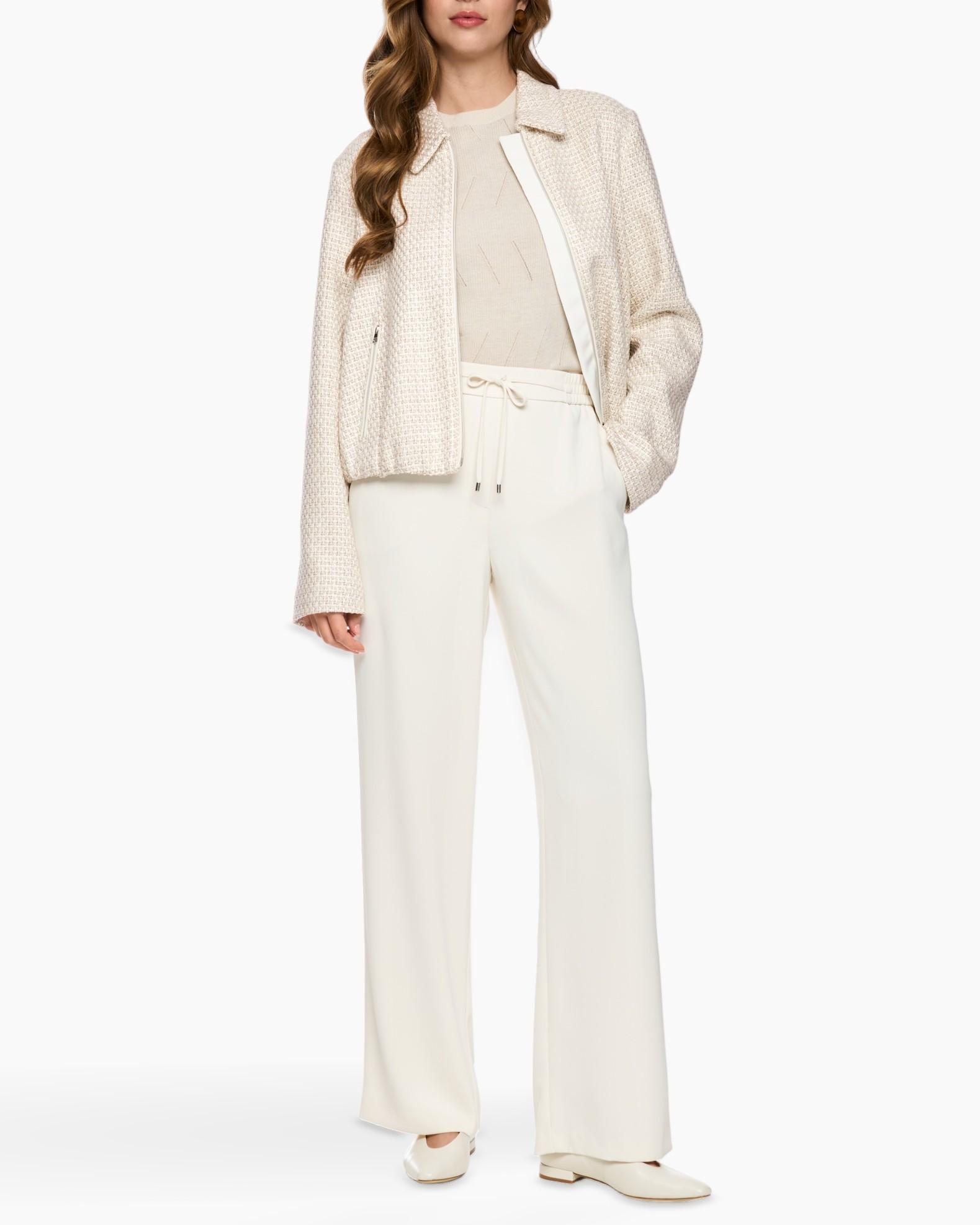 beige jacket, texture jacket, wide-leg pants, crème sweater, neutrale outfit