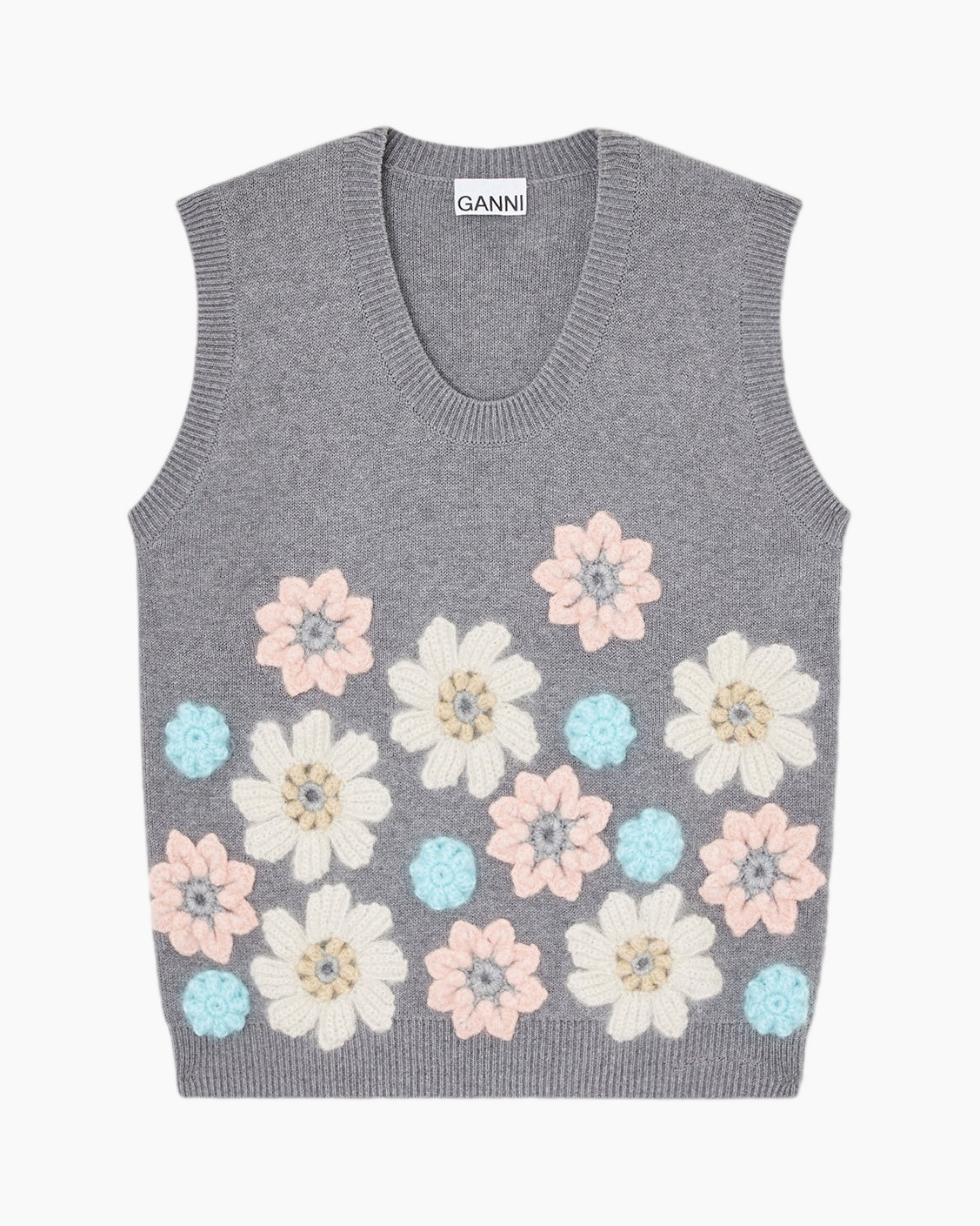 sleeveless sweater, flower embroidery, knitted vest, gray, kids fashion