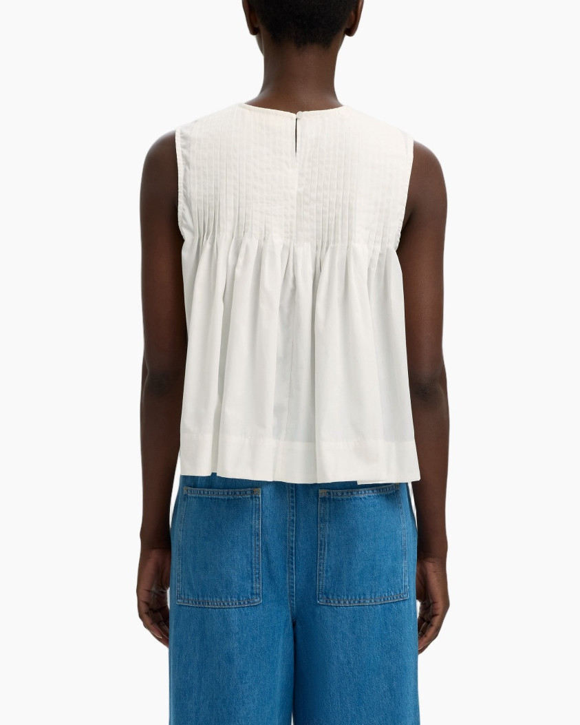 top, geplooide, mouwloos, wit, blouse