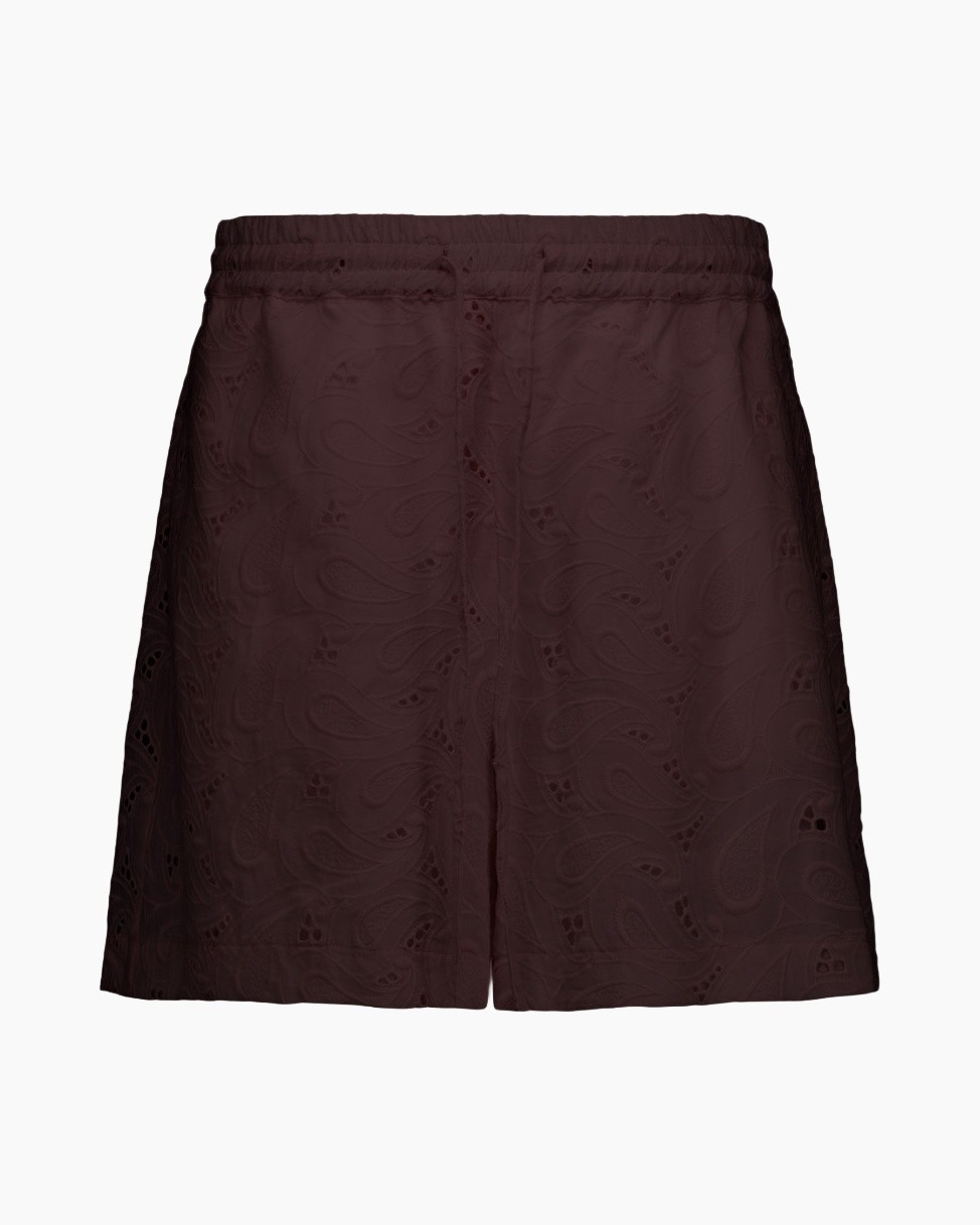broek, bruin, paisley patroon, elastische tailleband, middellang