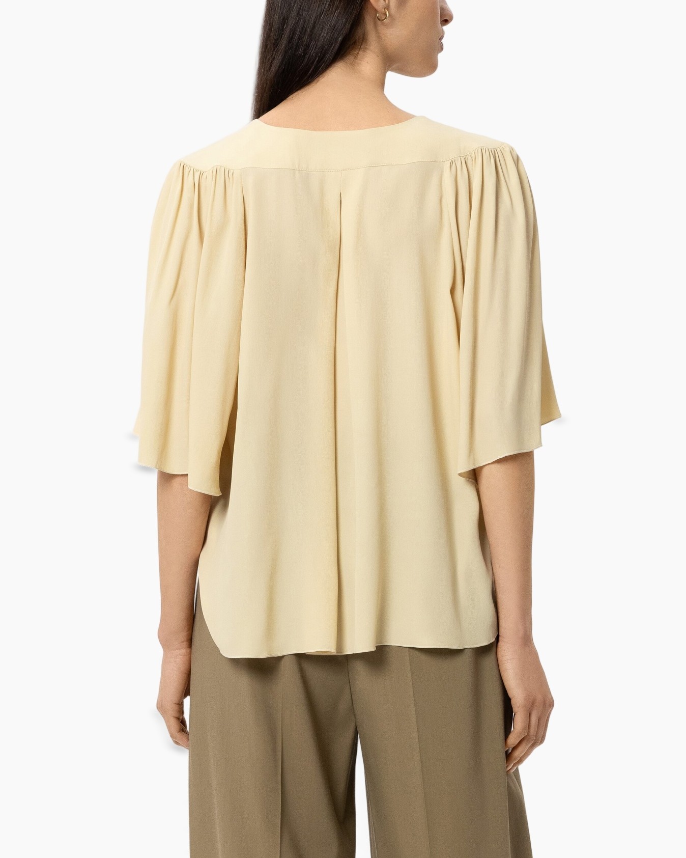 blouse, v-hals, korte mouwen, crème, flowy