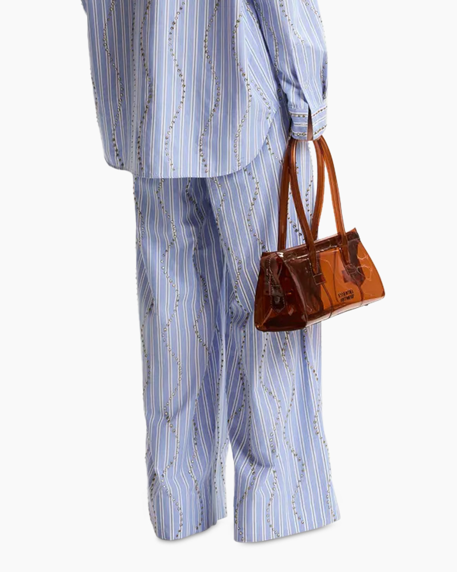 broek/overall, blauw, gestreept, wijdere pijp, handtas