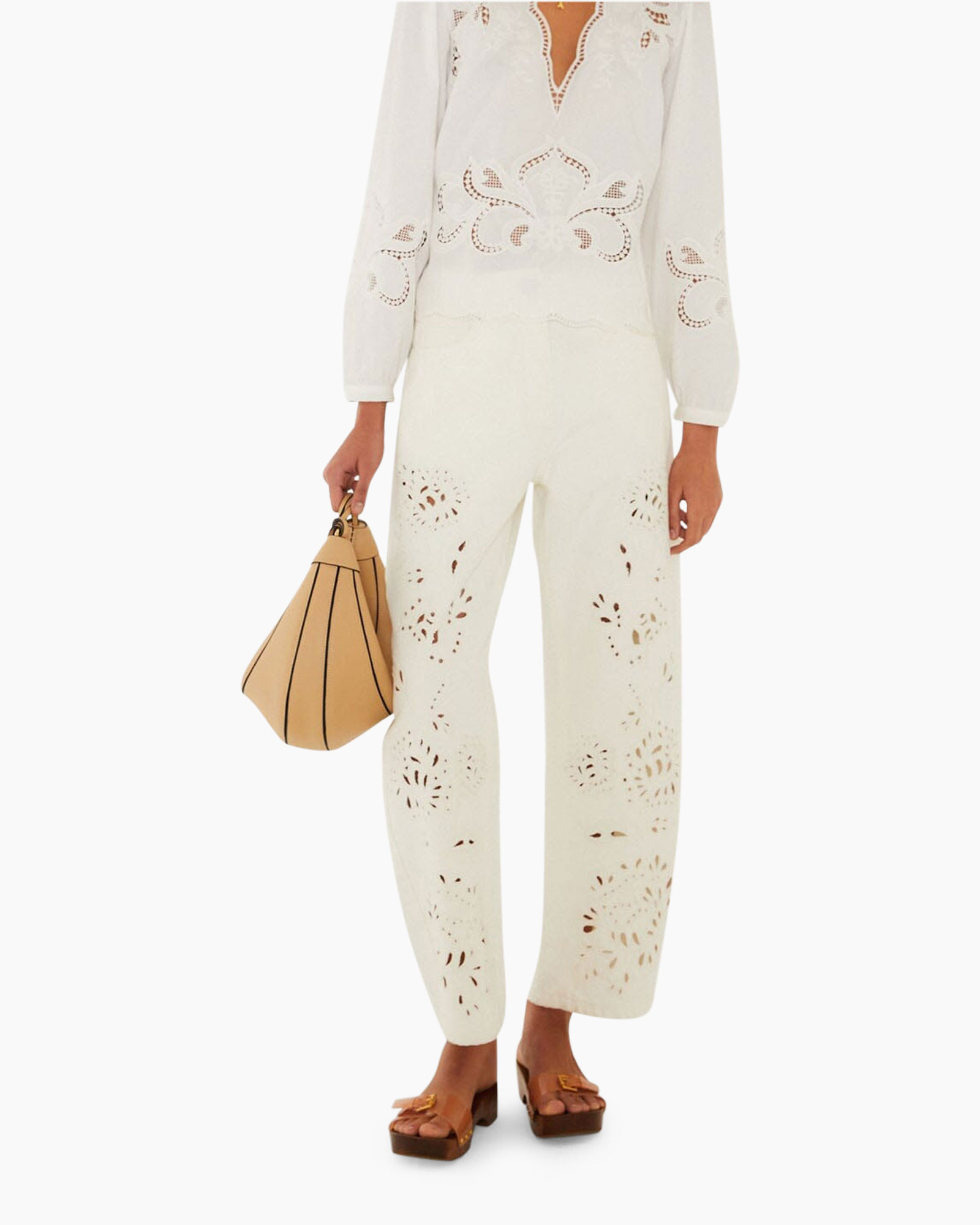 eyelet, kanten, wit, jumpsuit, broeken