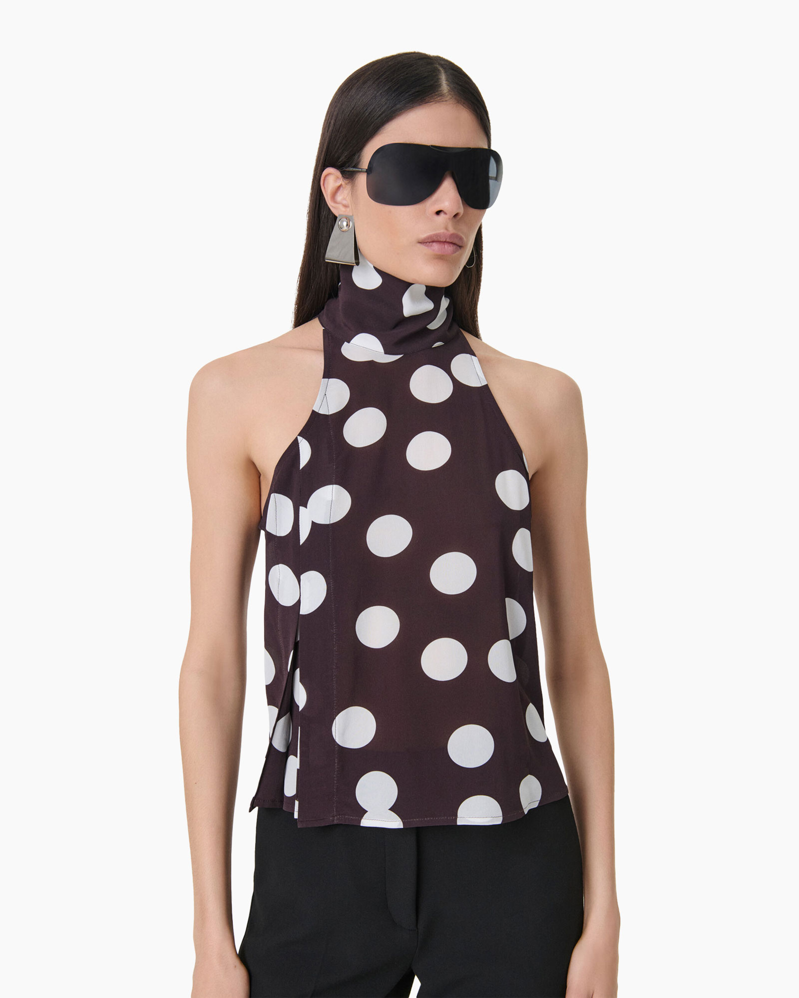 polka dot, top zonder mouwen, hoge hals, paars, schaduw print