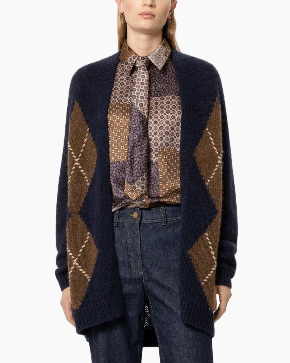 cardigan, argyle, patroon, lang, open-front