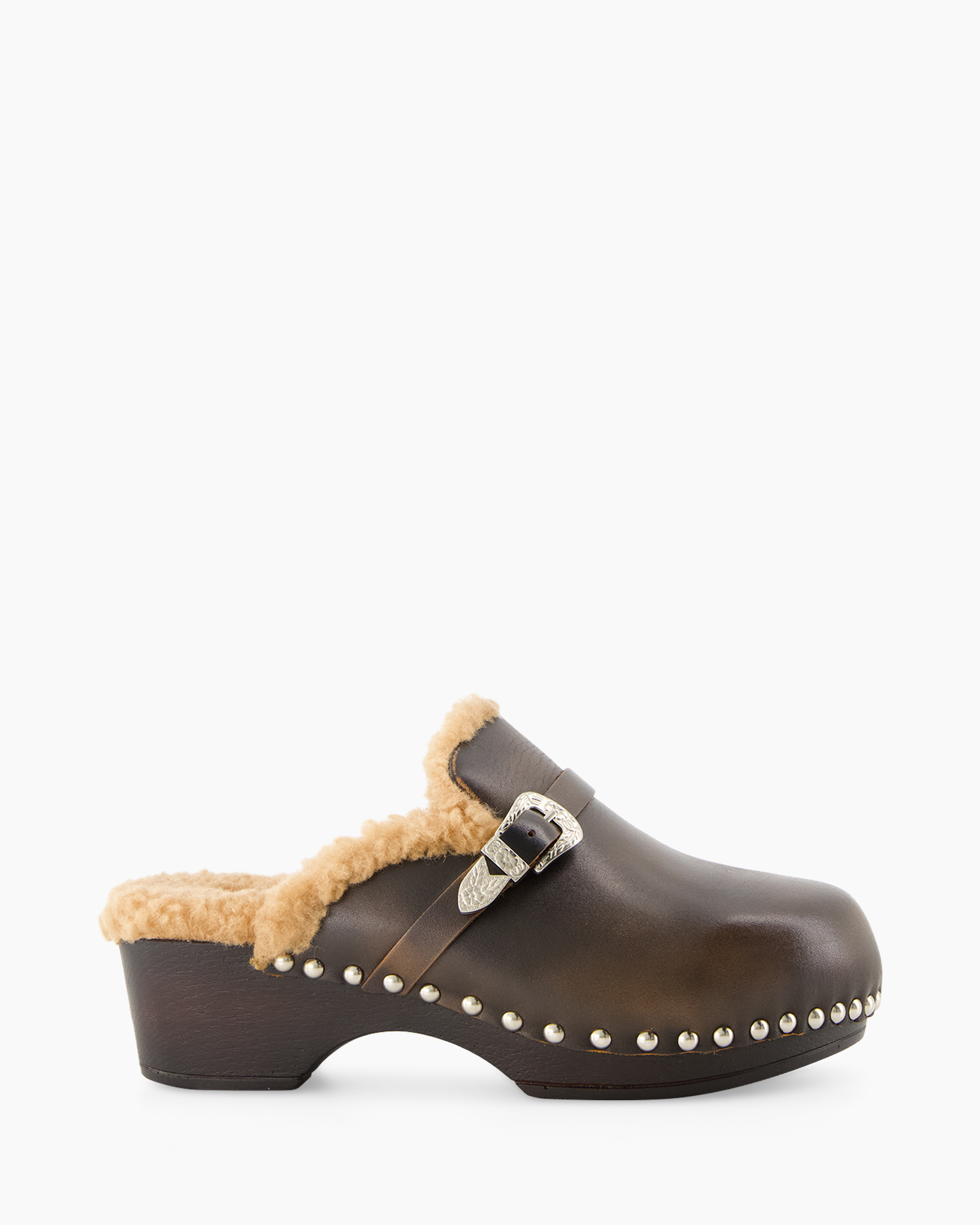 klompen, leer, mule, vachtbekleding, nieten