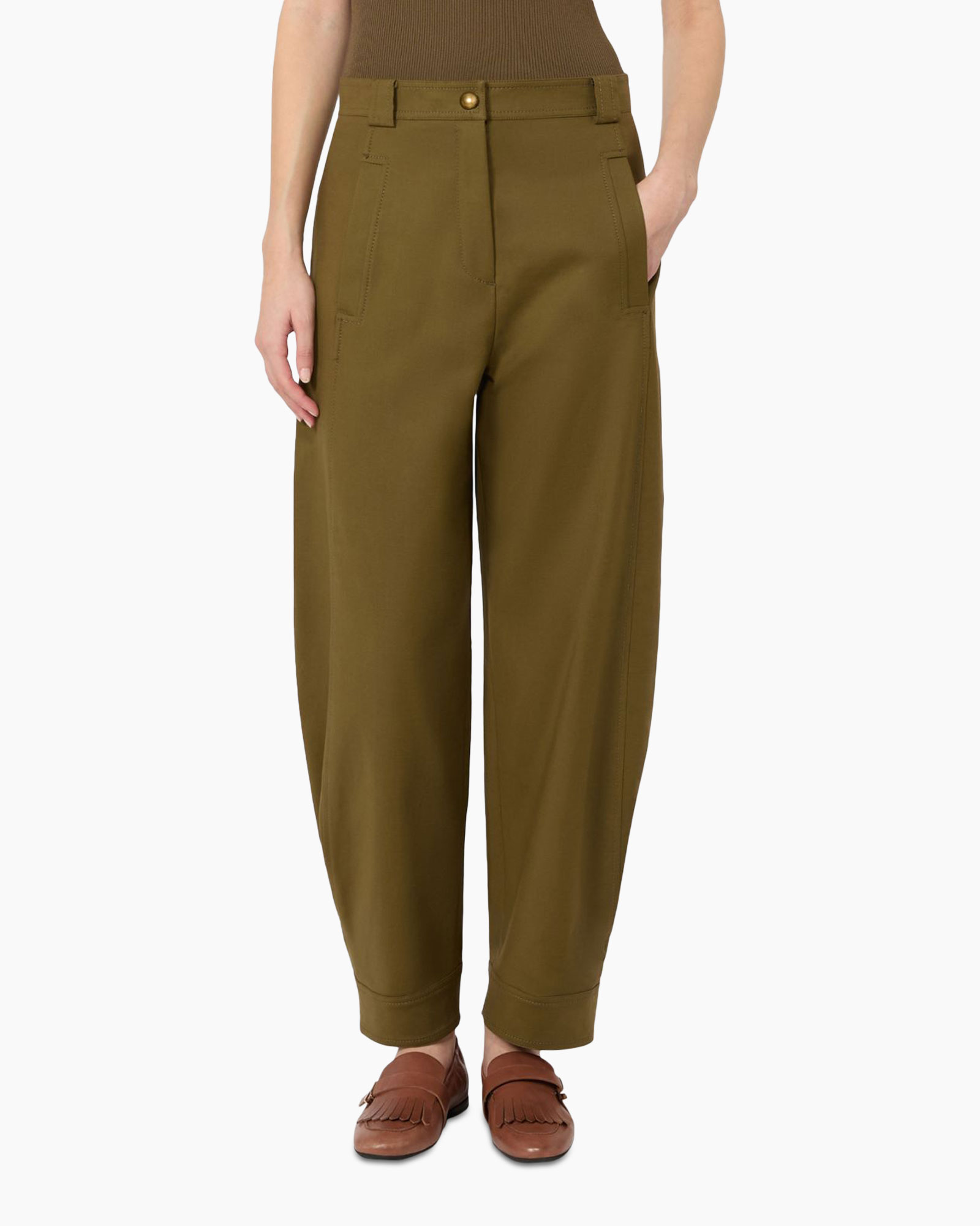 olijf, broek, wijdere-pas, hoge taille, zakken