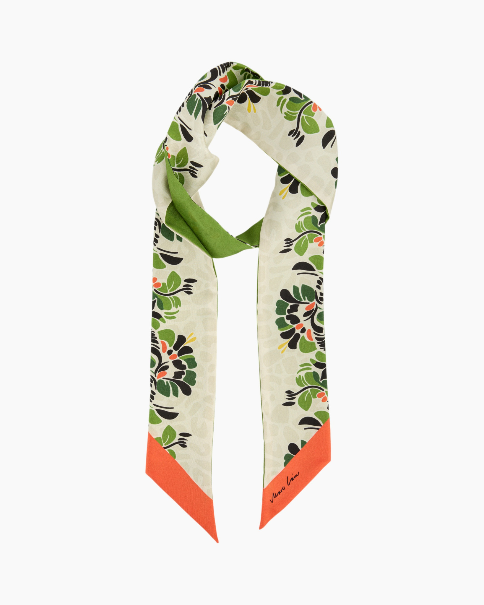 nekbandana, bloemenpatroon, groen oranje, zijde sjaal, vierkante sjaal