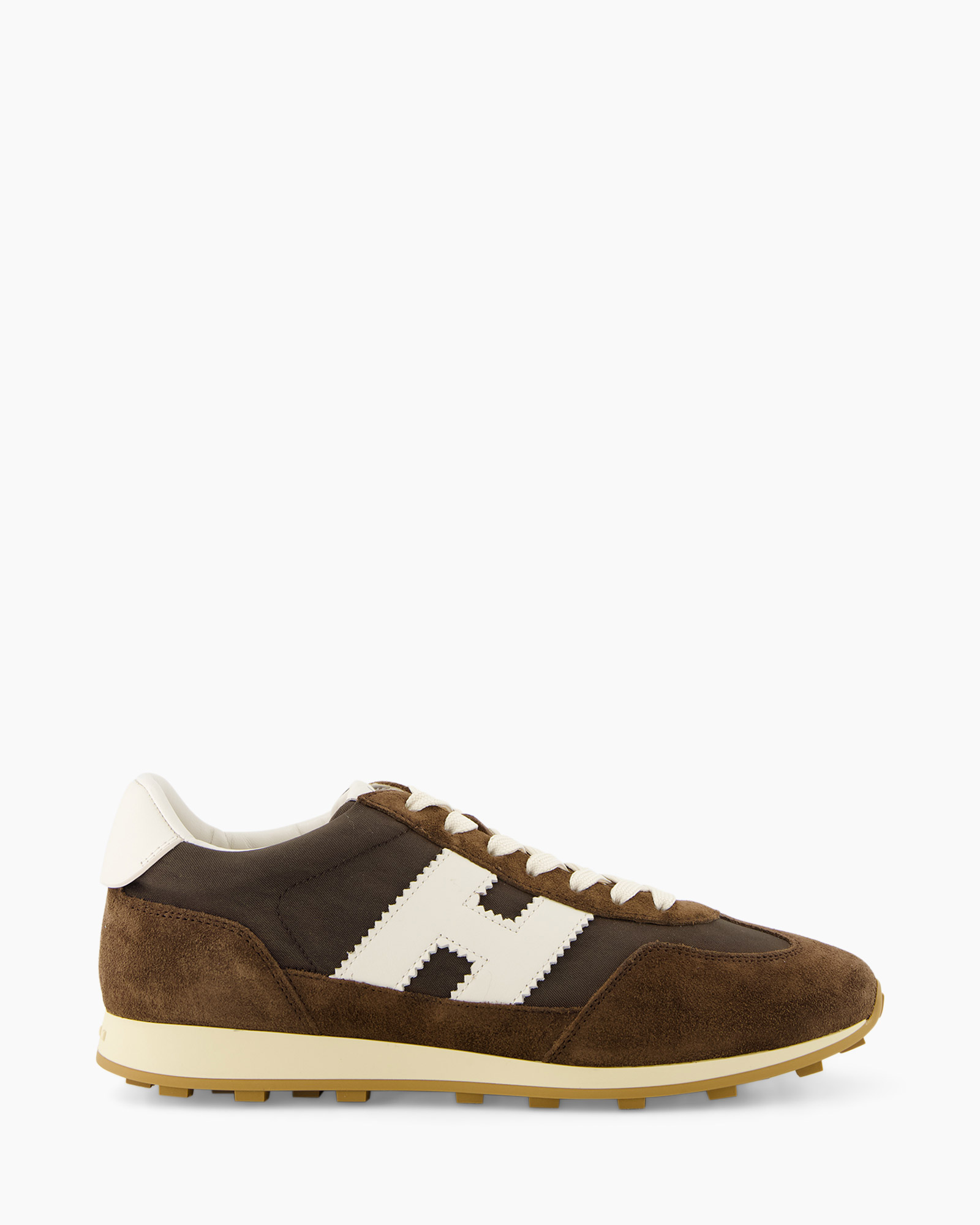 sneaker, bruin, suede, witte logo, geseild