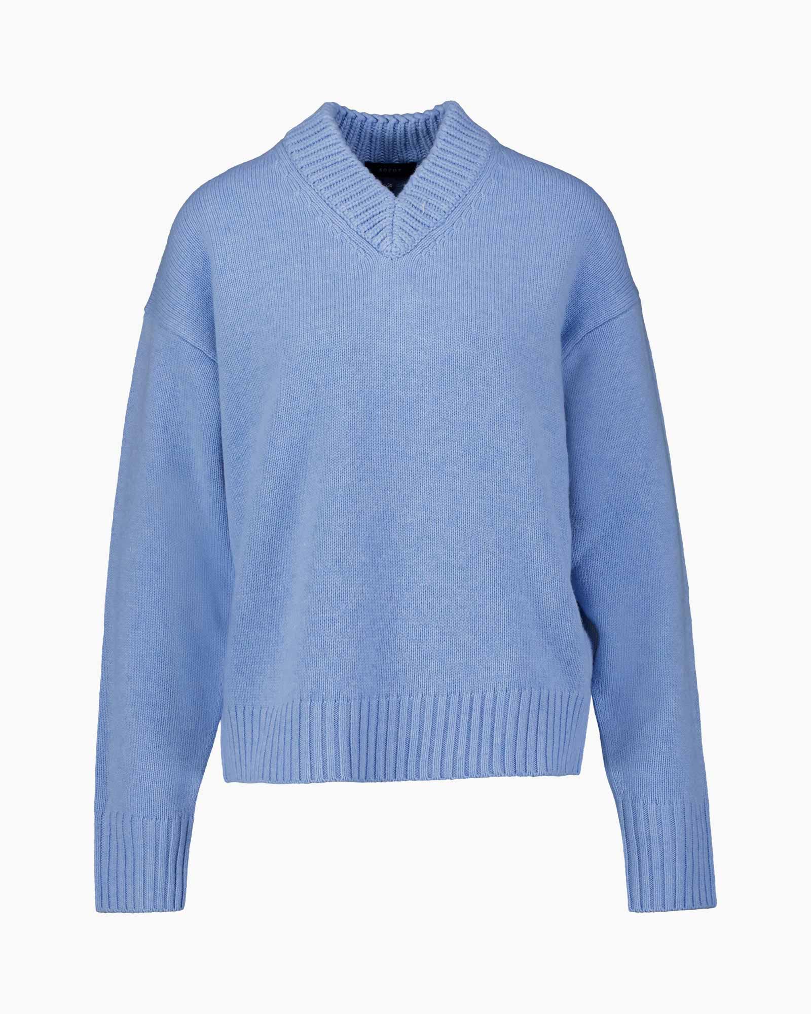 trui, pullover, blauw, breisel, v-hals