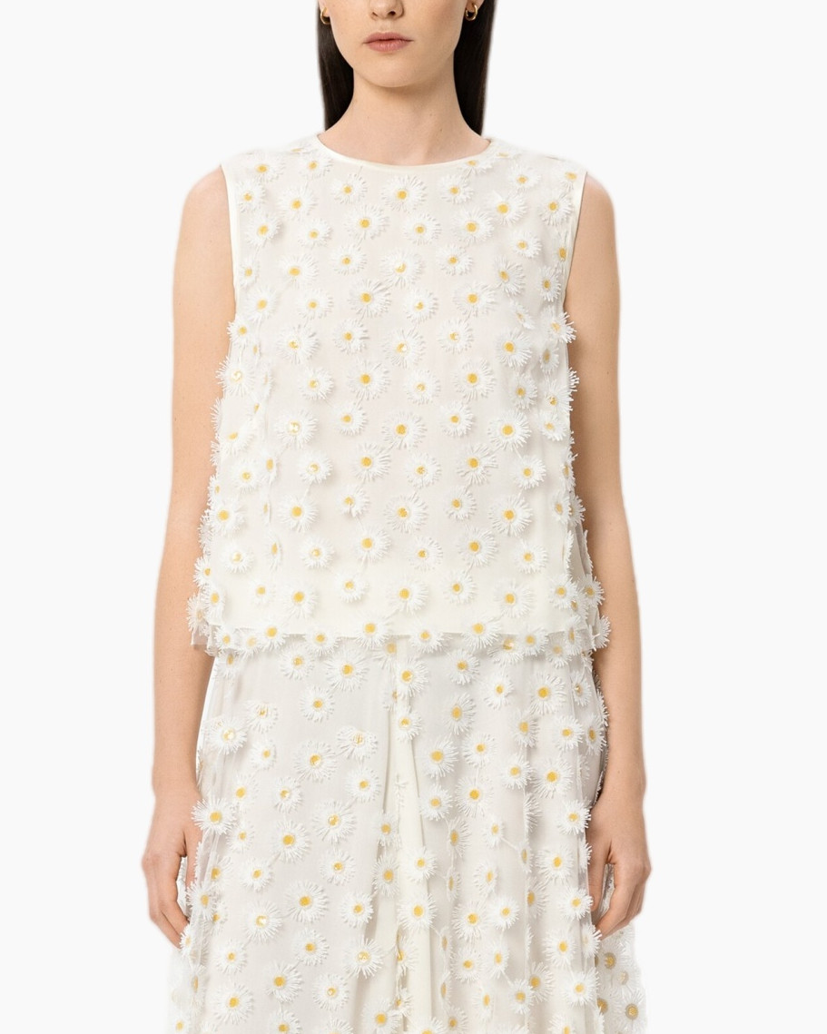 jurk, wit, madelief appliqué, borduursel, mouwloos