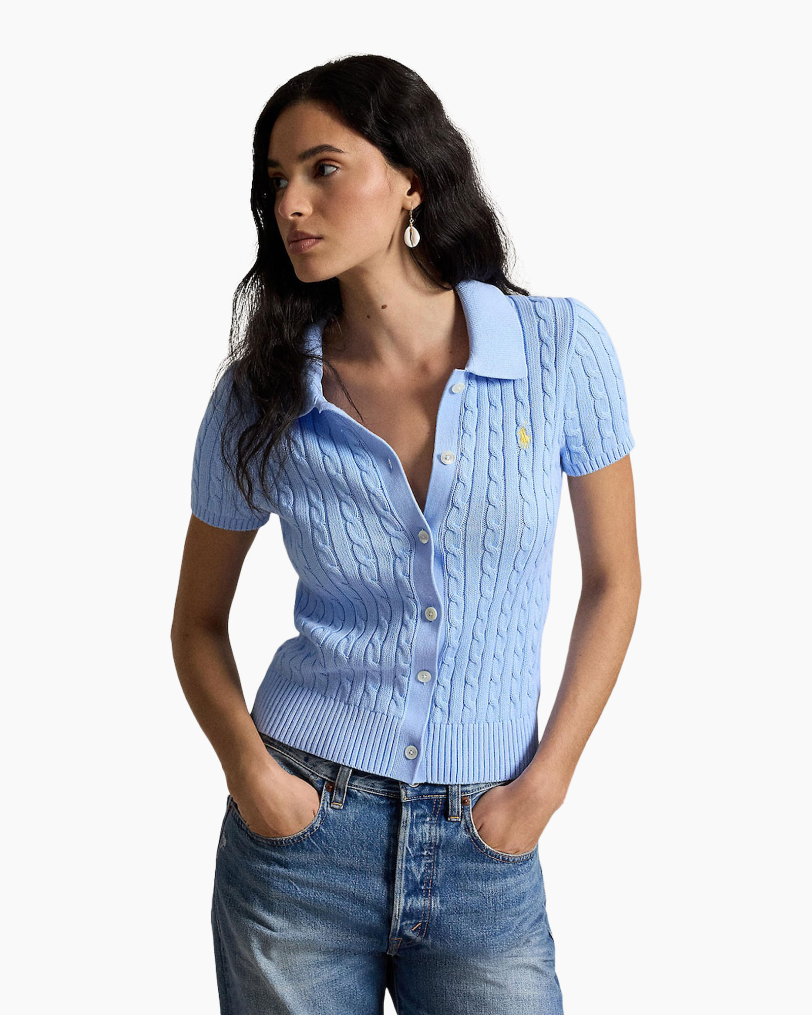 gebreide cardigan, korte mouwen, knopfront, polo kraag, lichtblauw