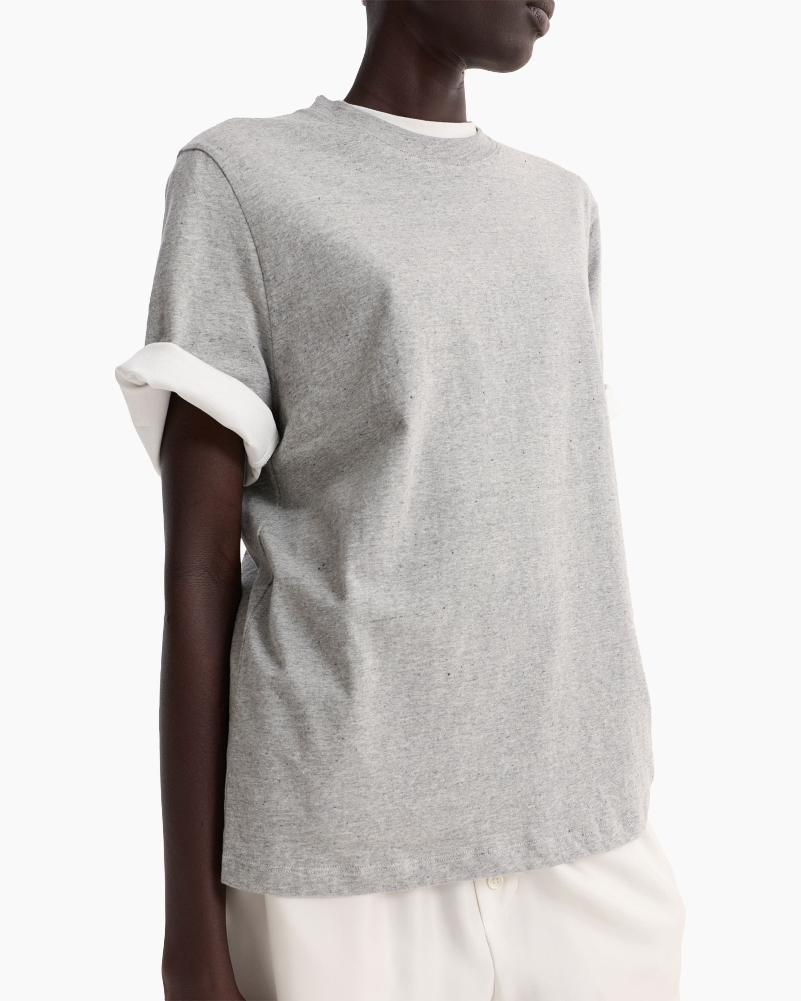 t-shirt, mouwloze?, grijs gemêleerd, omgeschuimde mouwen, kraag?