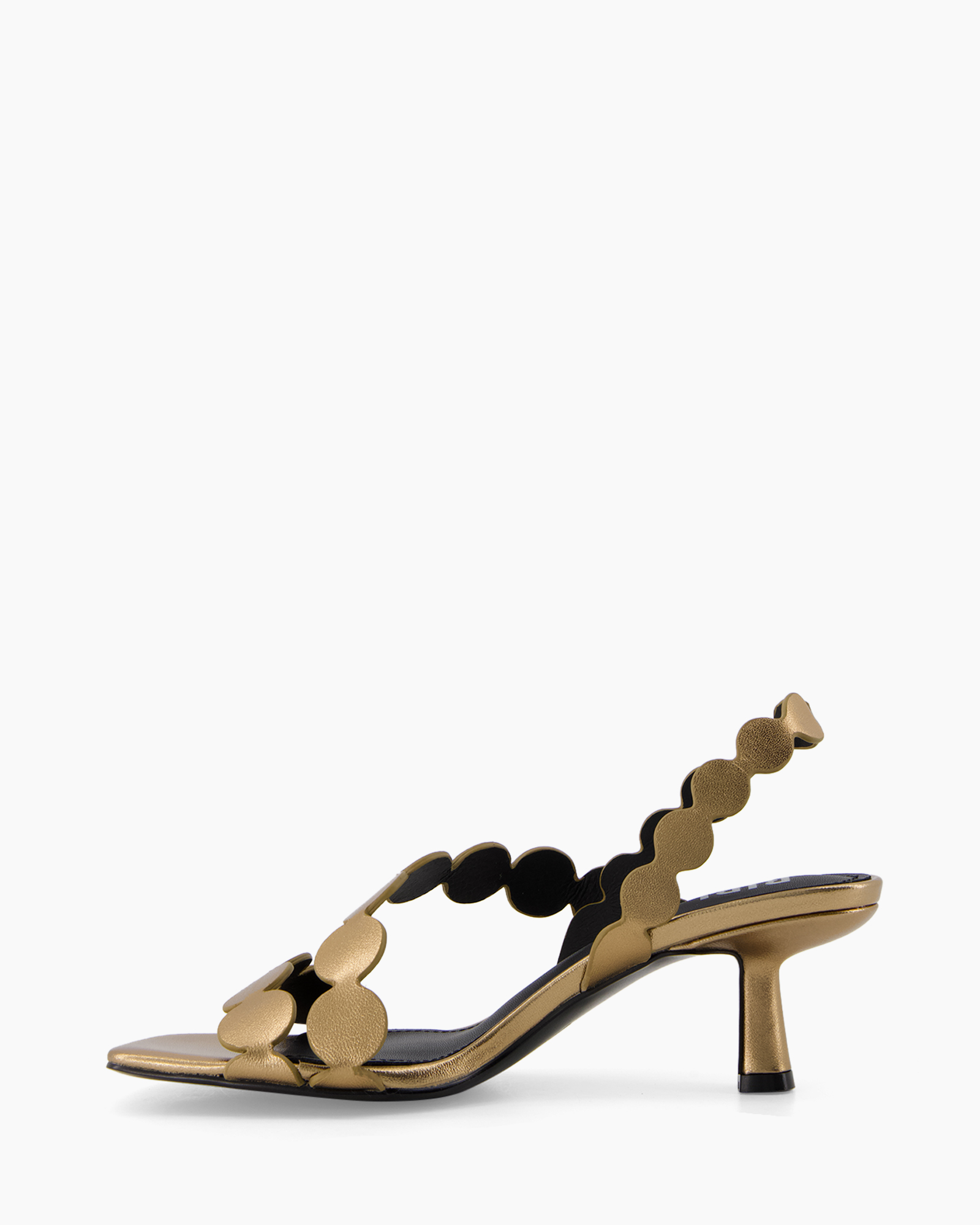 hoge hak sandaal, metallic sandaal, riem sandaal, goudkleurig, geplooide band