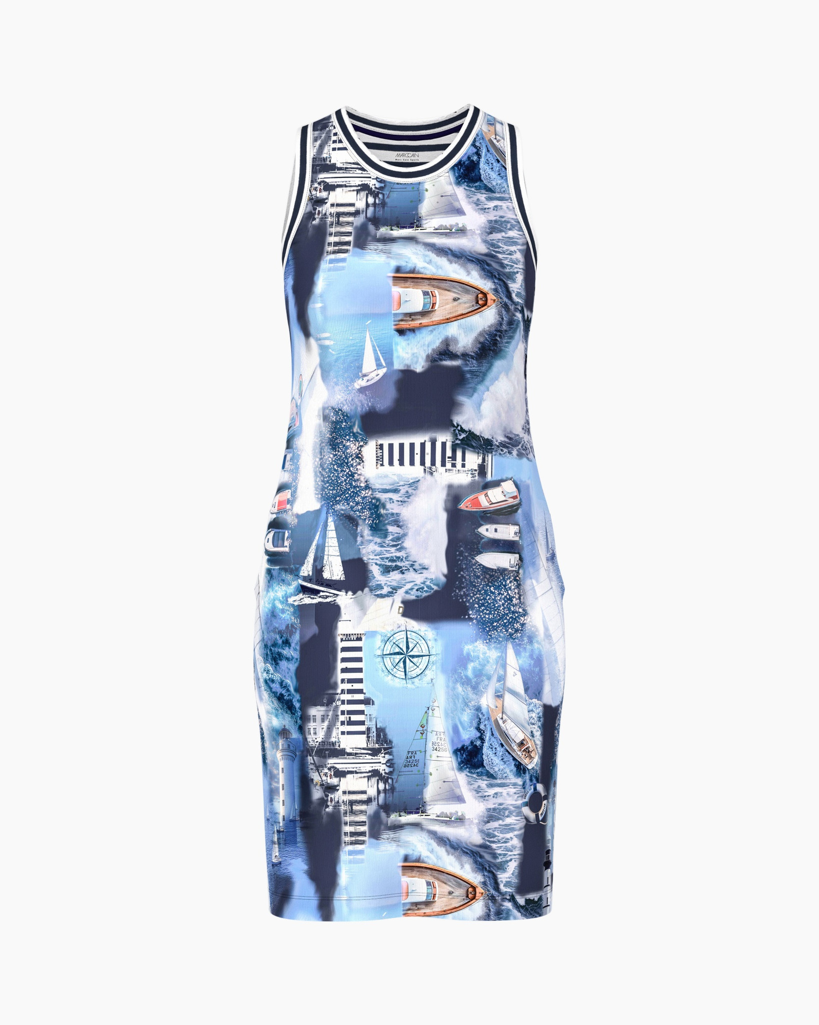 sleeveless dress, print dress, nautical, boat pattern, blue gradient