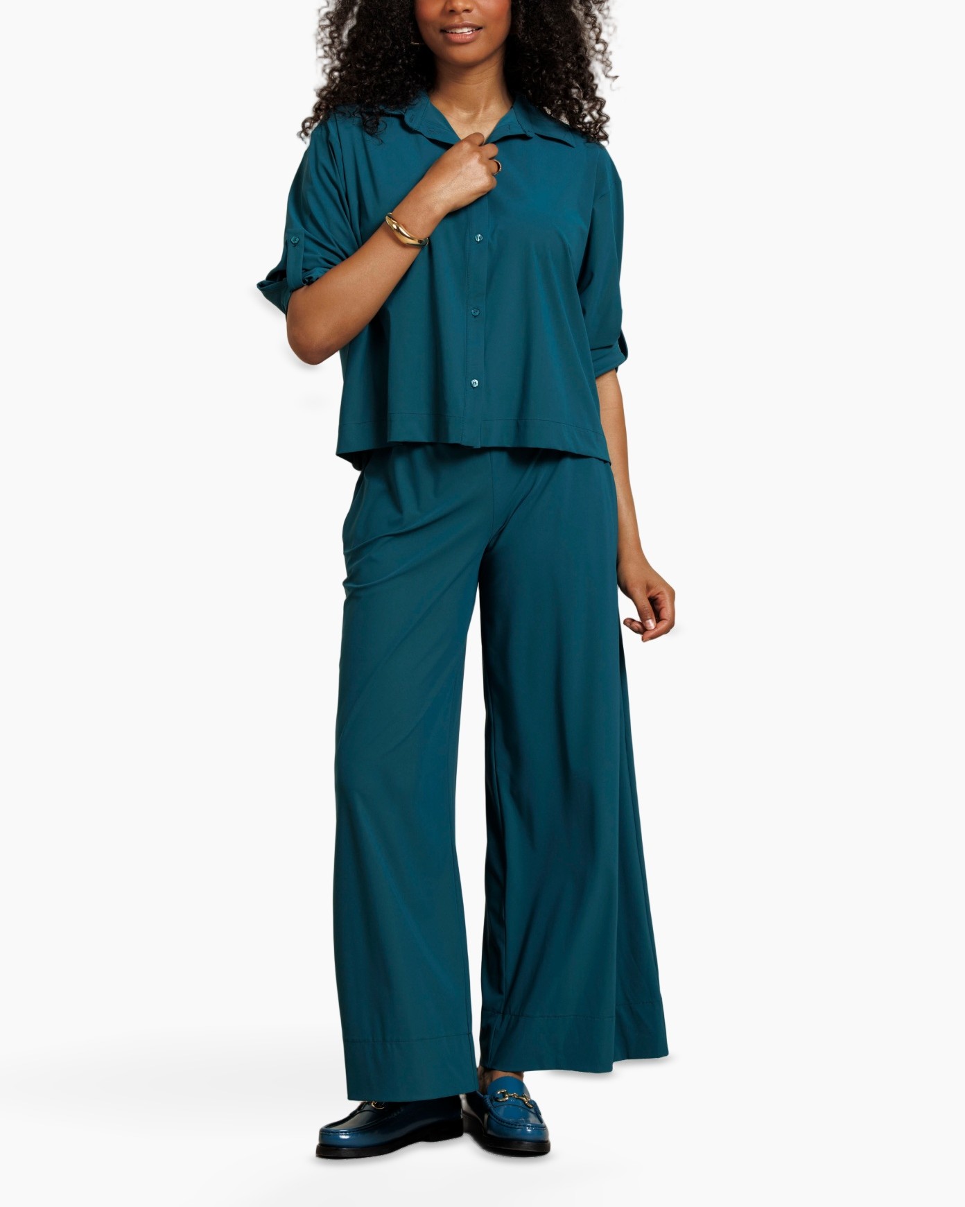 broek, wijdedelige, teal/kleur teal, palazzo, trekkoord